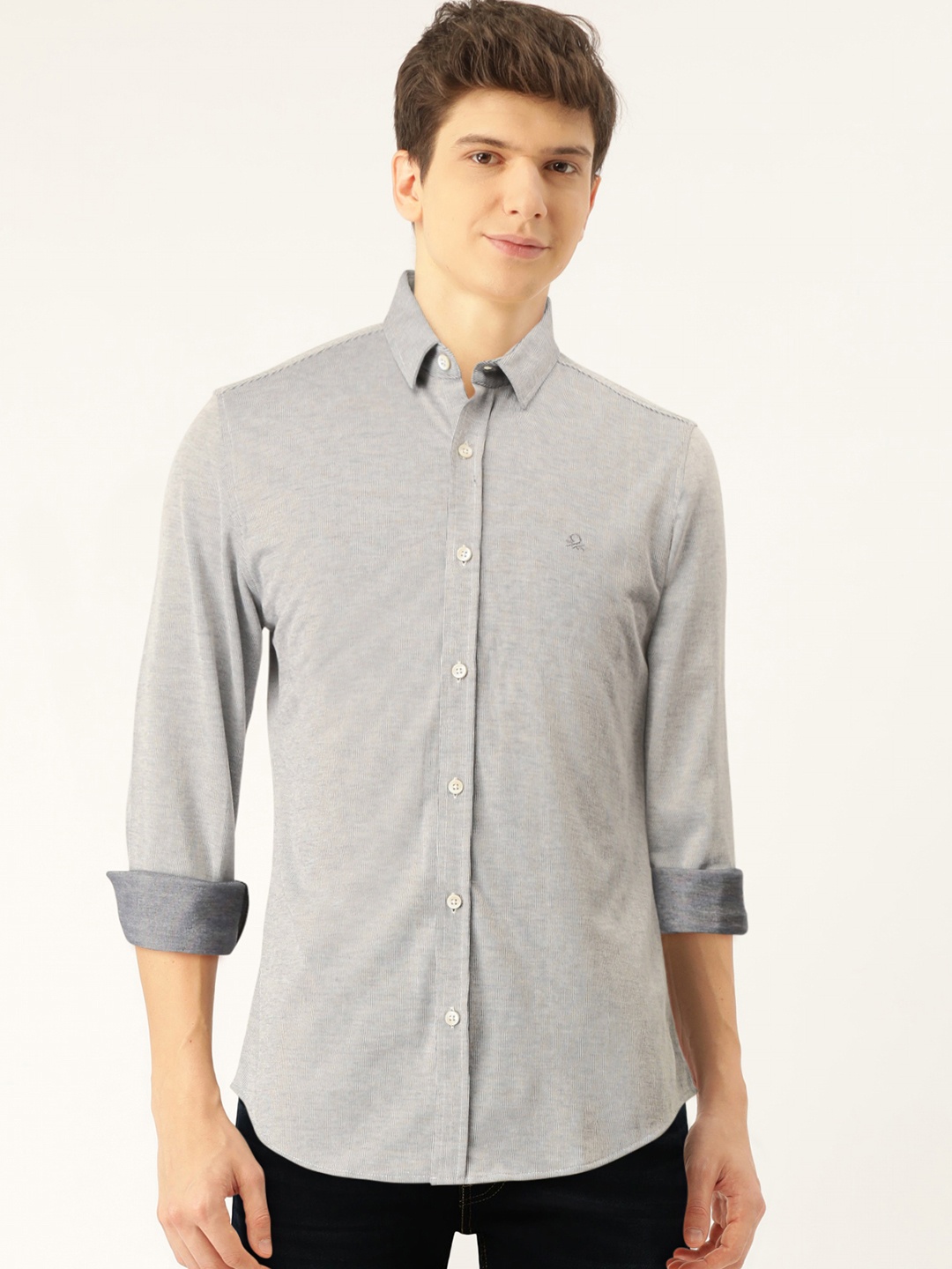 

United Colors of Benetton Men Blue Slim Fit Striped Knitted Casual Shirt