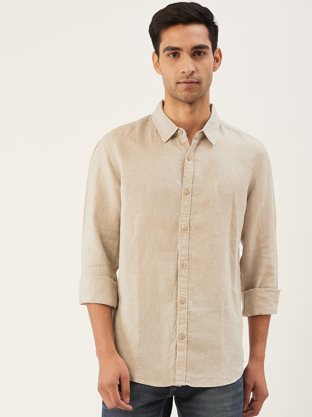 

United Colors of Benetton Men Beige Linen Slim Fit Solid Casual Shirt