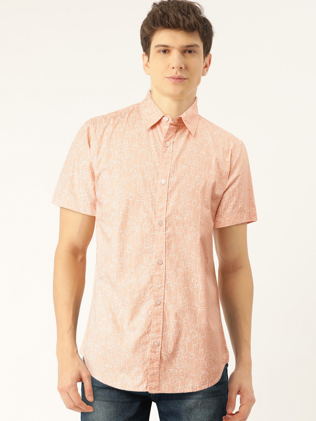 

United Colors of Benetton Men Peach-Coloured & White Slim Fit Printed Casual Shirt