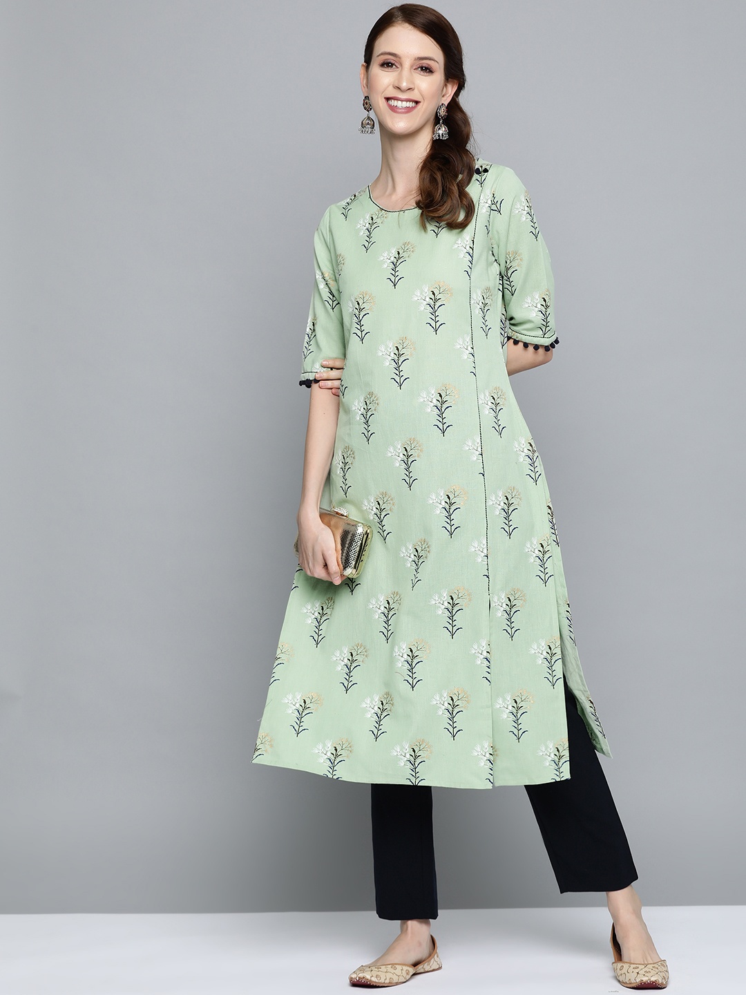

HERE&NOW Women Green Ethnic Motif Print Straight Kurta