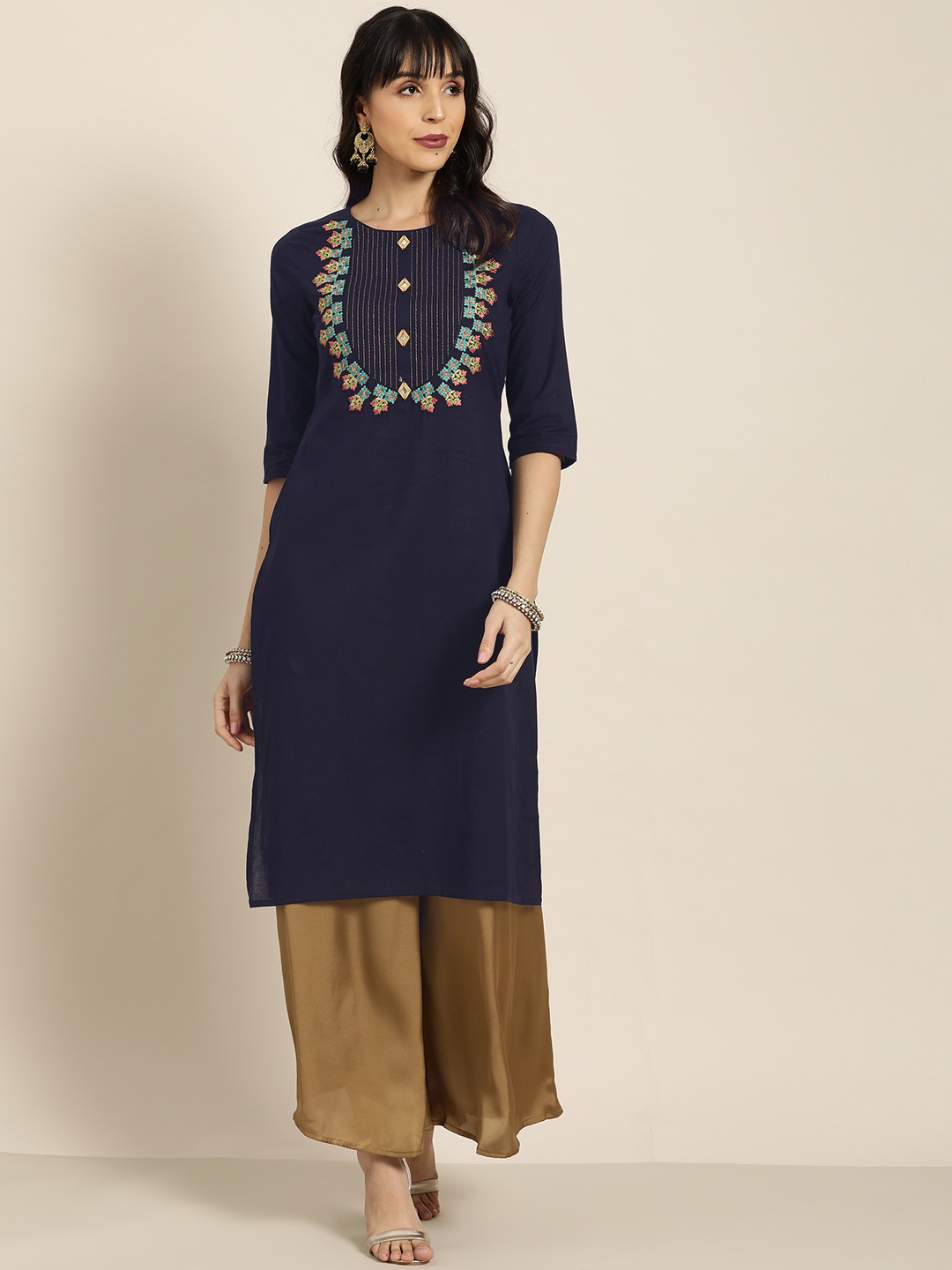 

Moda Rapido Women Navy Blue & Golden Embroidered Yoke Design Straight Kurta