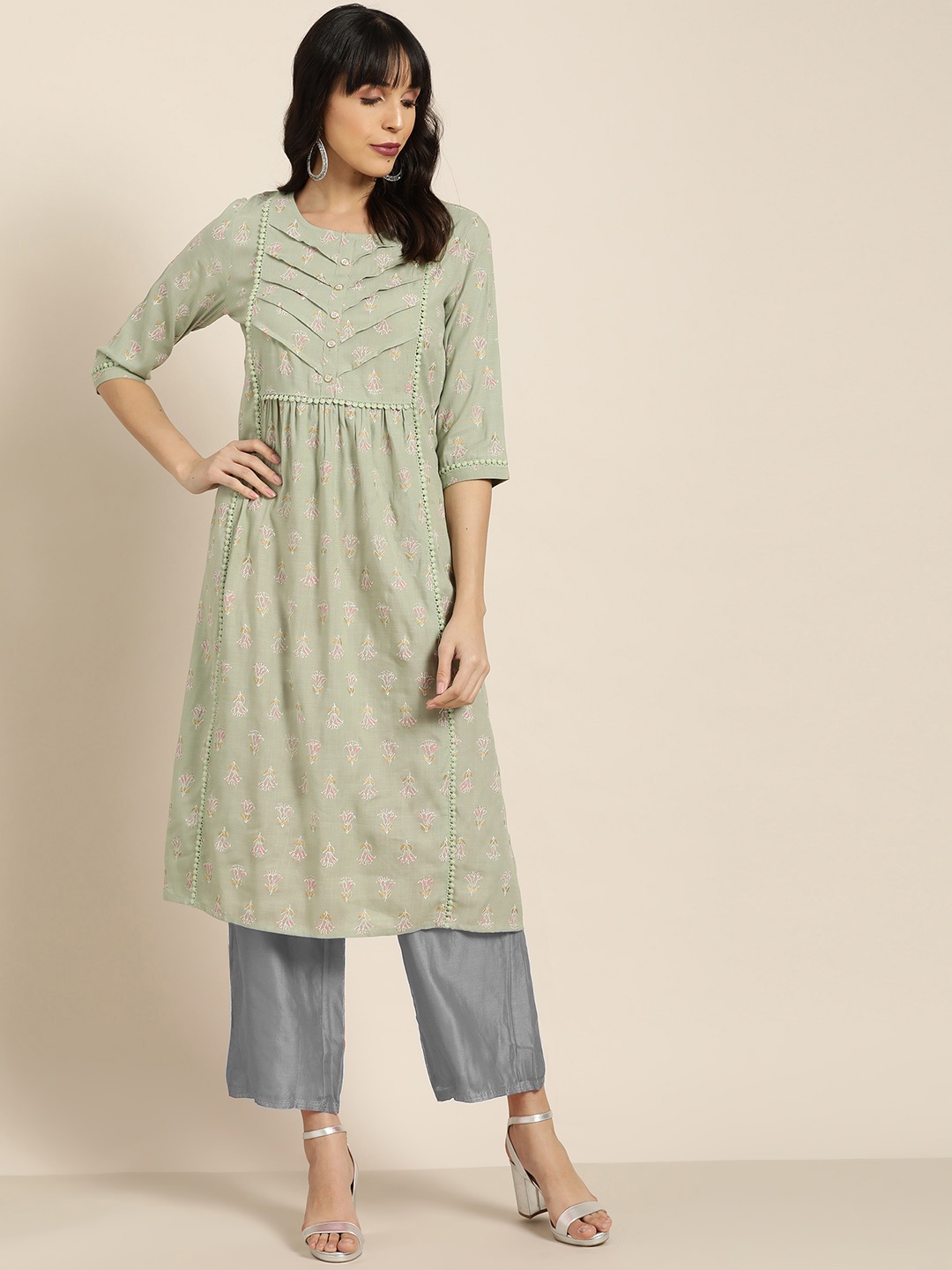 

Moda Rapido Women Green & Pink Printed A-Line Kurta
