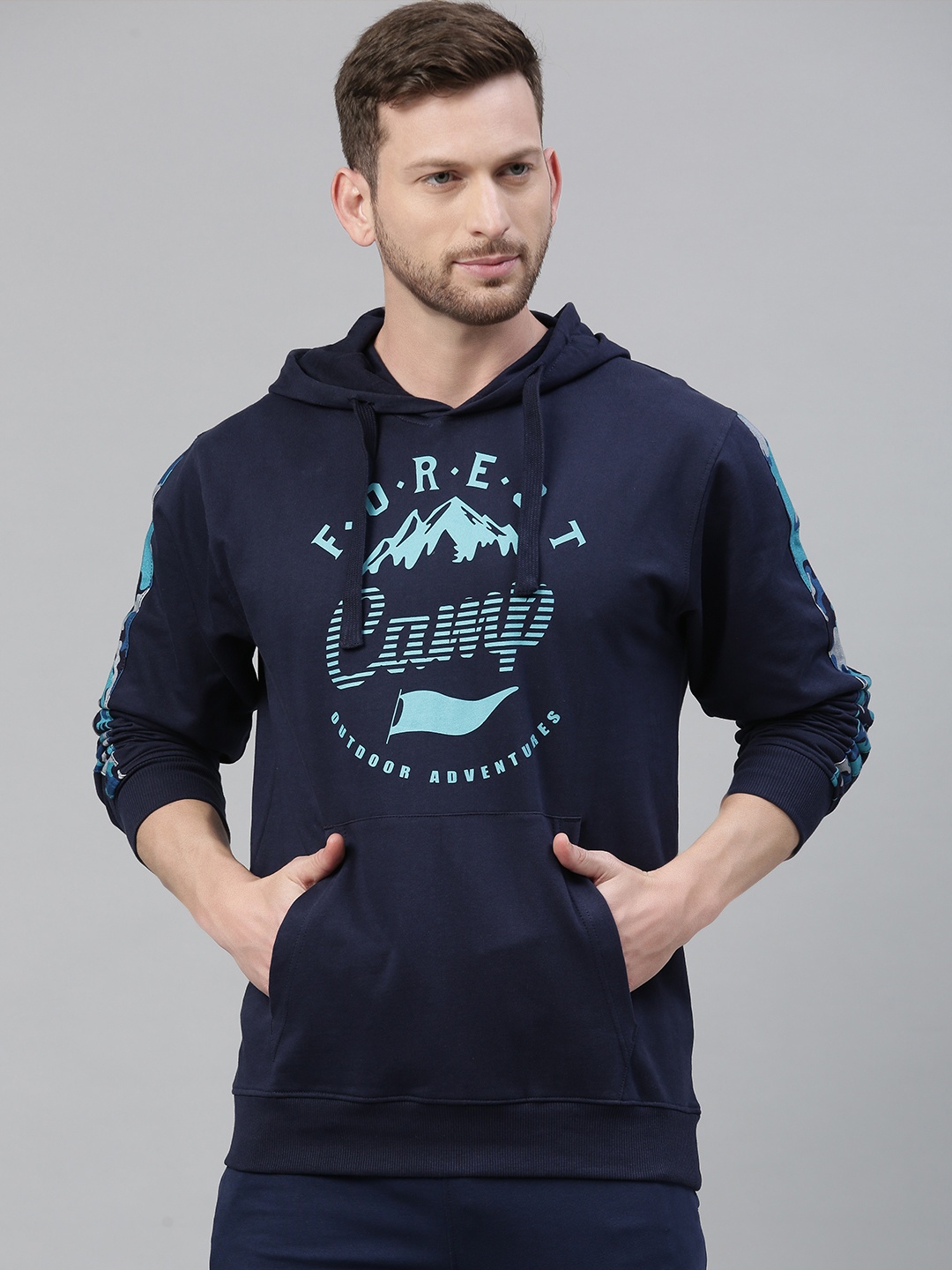 

Wildcraft Men Navy Blue Printed Hooded Sweatshirt