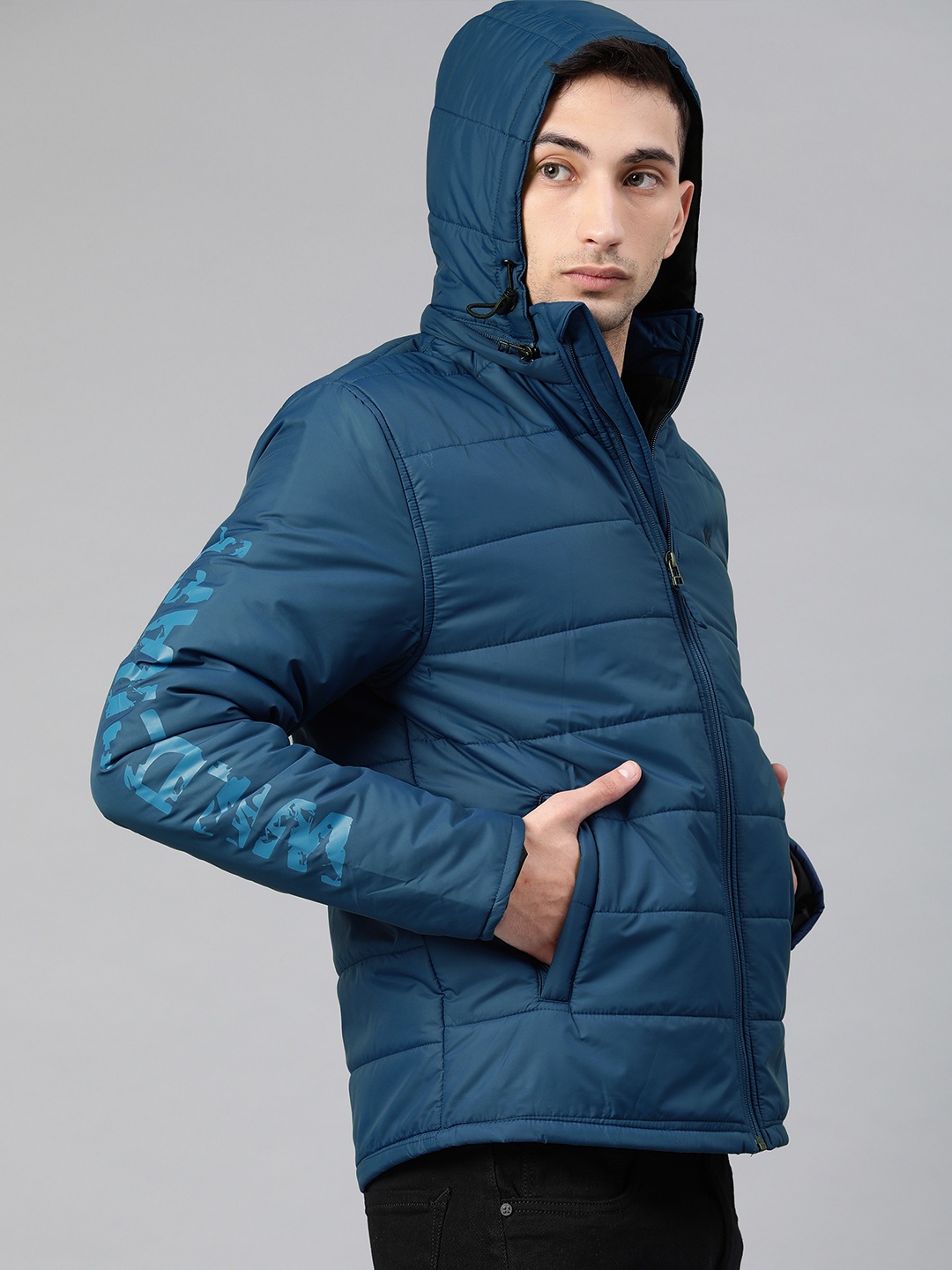 

Wildcraft Men Navy Blue Solid Padded Jacket with Printed Sleeve