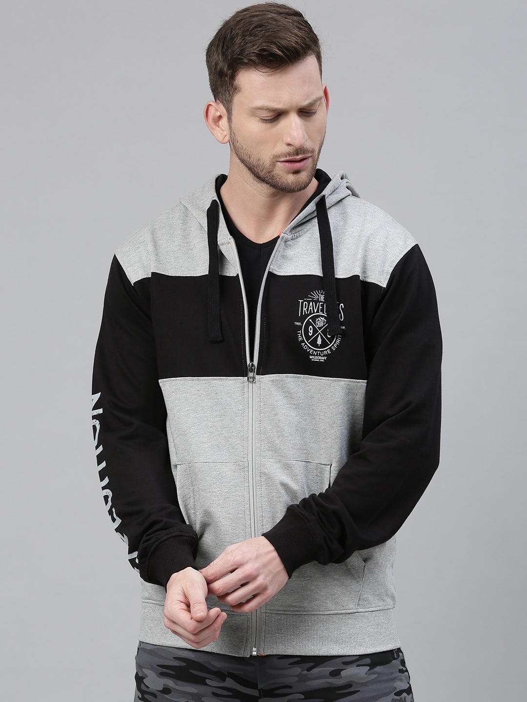 

Wildcraft Men Grey & Black Colourblocked Hooded Sweatshirt