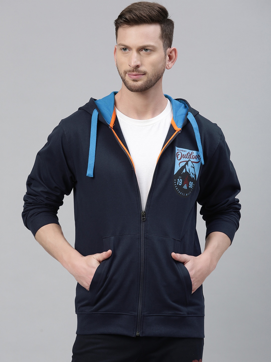 

Wildcraft Men Navy Blue Solid Hooded Sweatshirt with Printed Detail