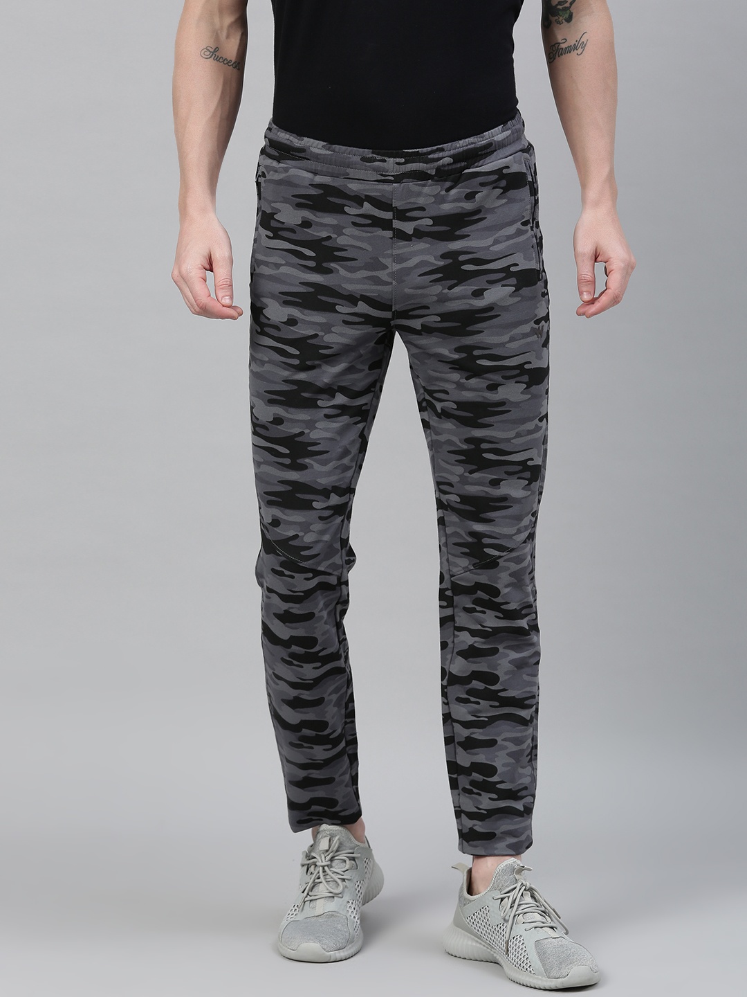 

Wildcraft Men Black & Grey Camouflage Printed Cropped Track Pants