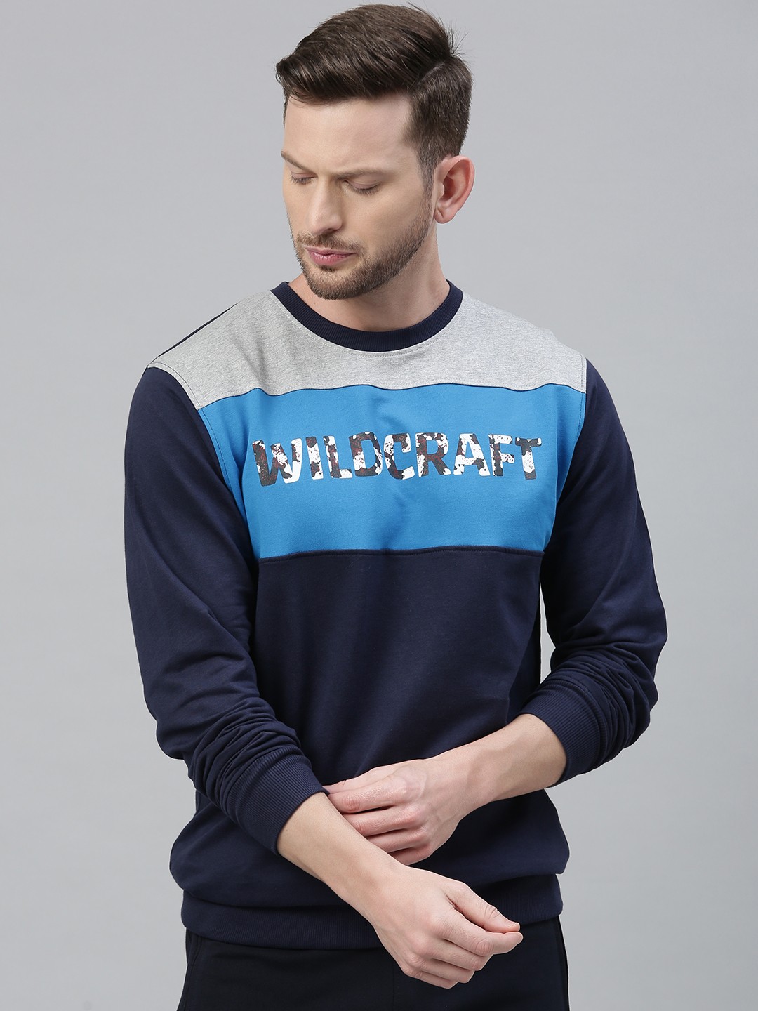 

Wildcraft Men Navy Blue & Grey Melange Printed Sweatshirt