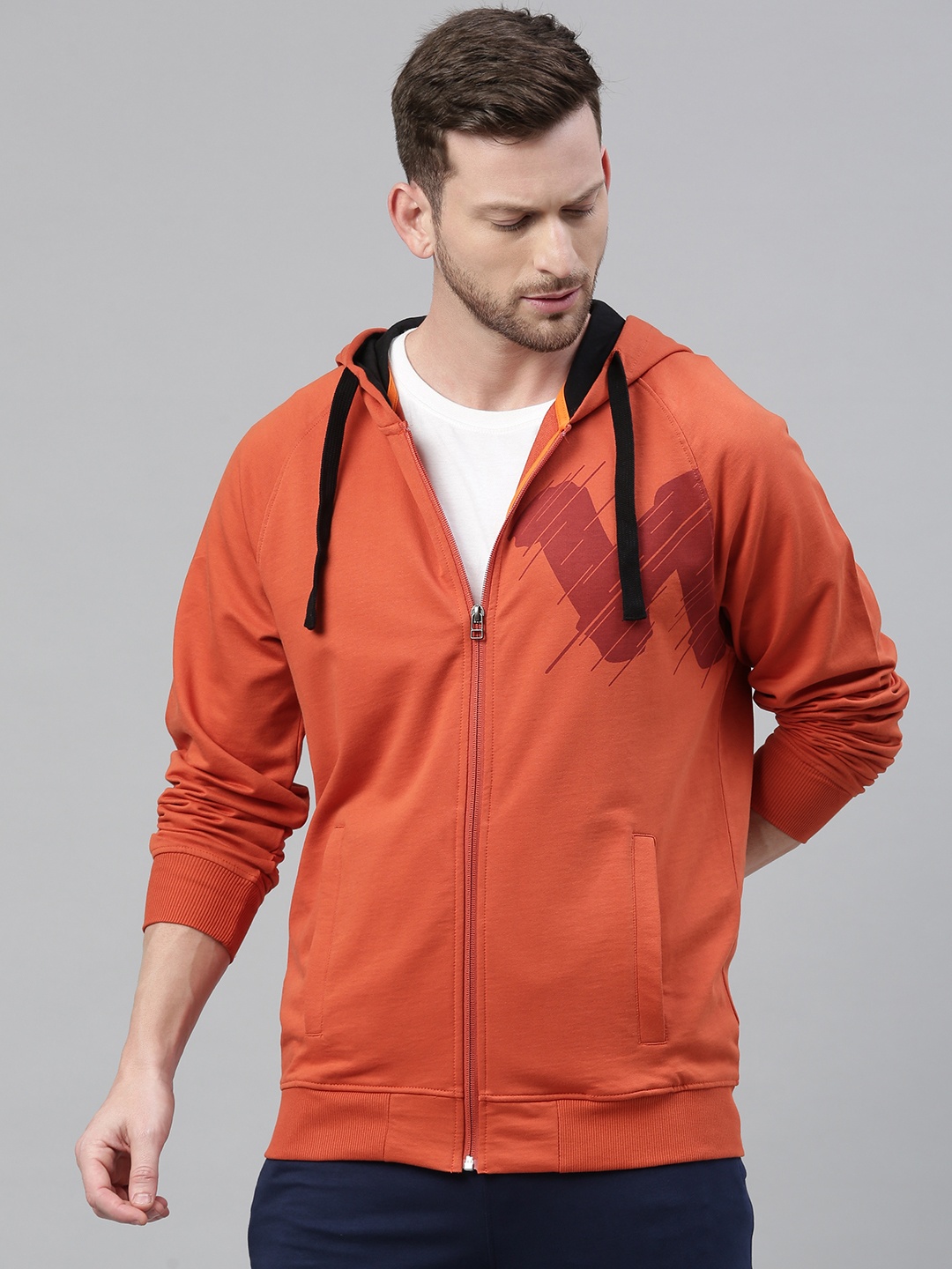 

Wildcraft Men Orange Solid Hooded Sweatshirt with Printed Detail