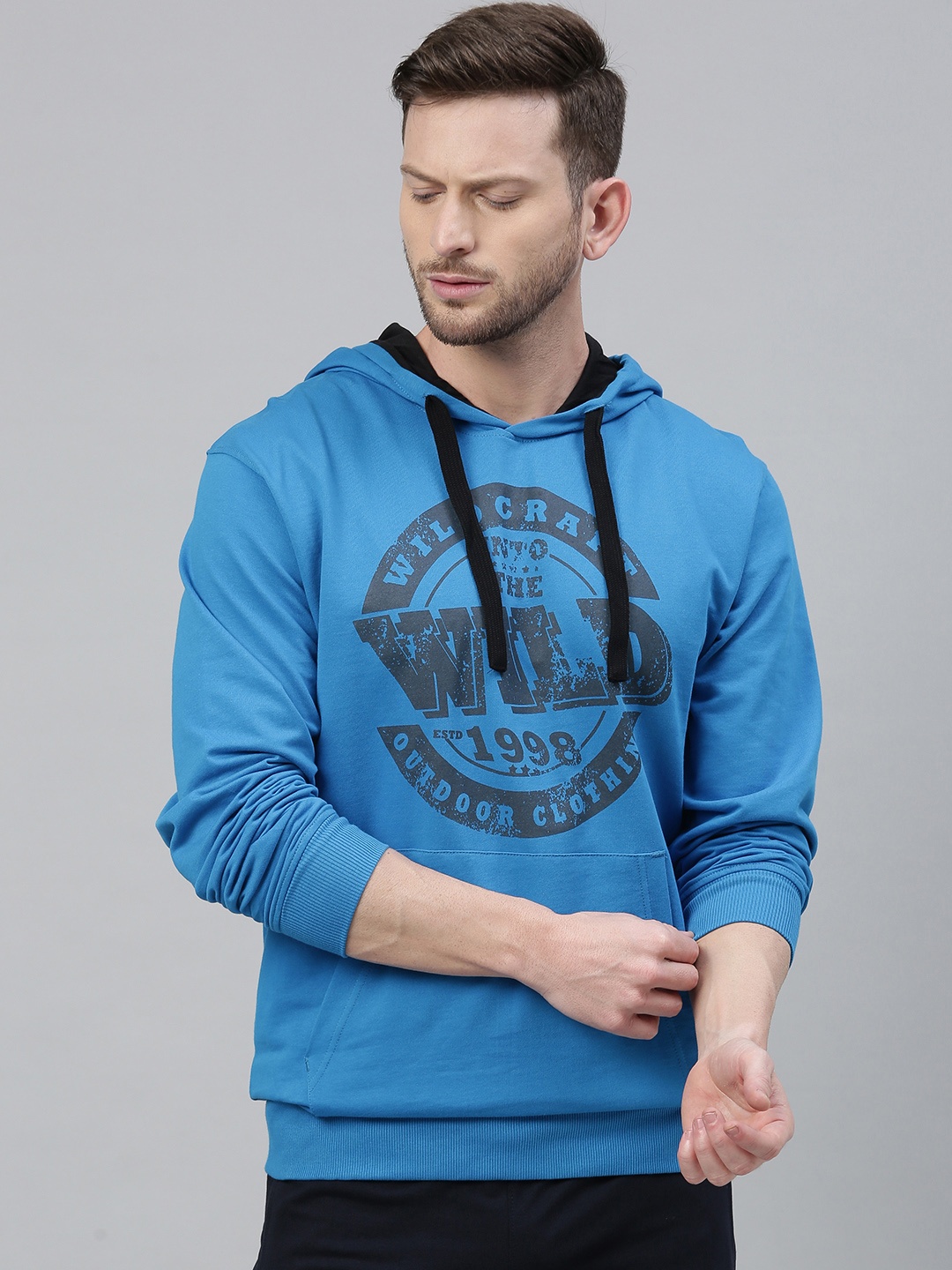 

Wildcraft Men Blue & Black Brand Logo Printed Hooded Sweatshirt