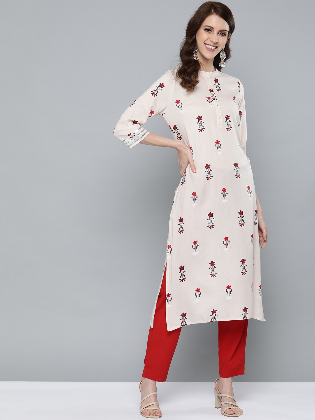 

HERE&NOW Women Off-White & Red Printed Straight Kurta