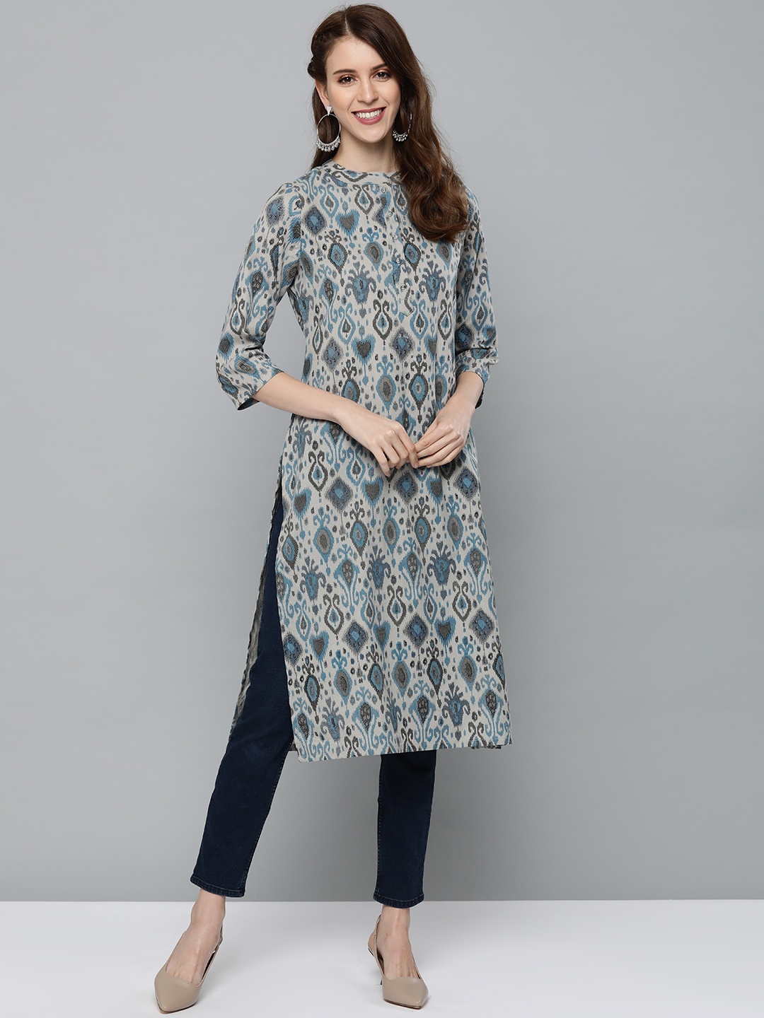 

HERE&NOW Women Grey & Blue Printed Straight Kurta