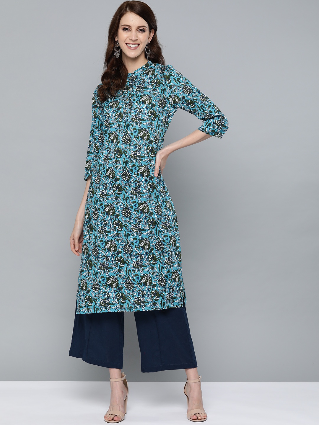 

HERE&NOW Women Blue & Olive Green Floral Printed Straight Kurta