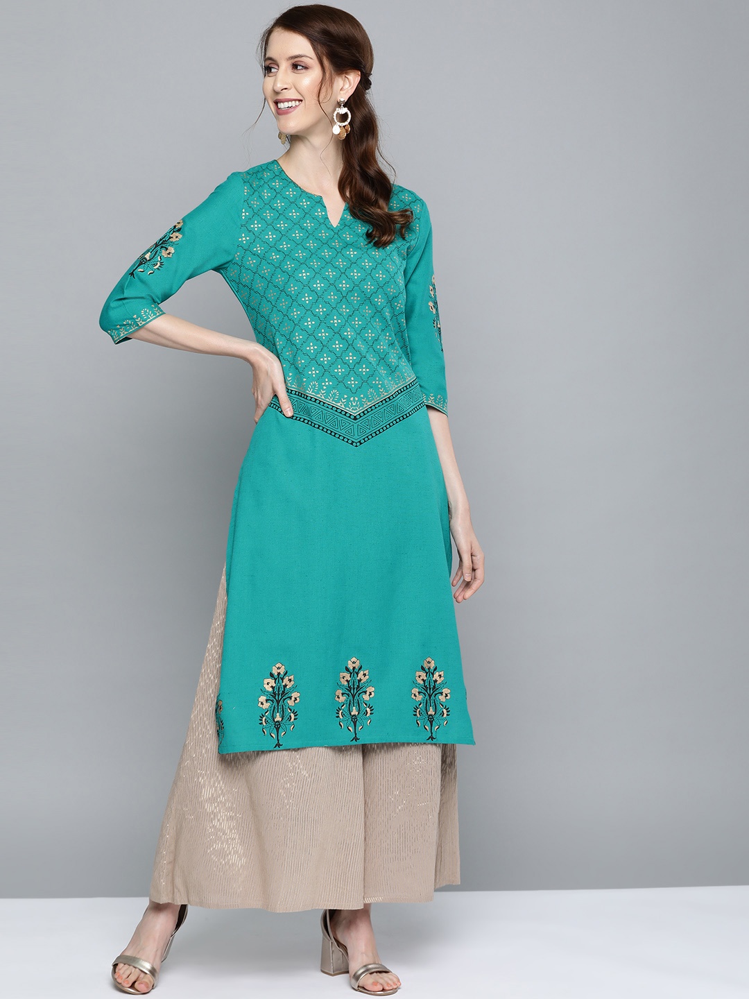 

HERE&NOW Women Green & Golden Ethnic Print Straight Kurta