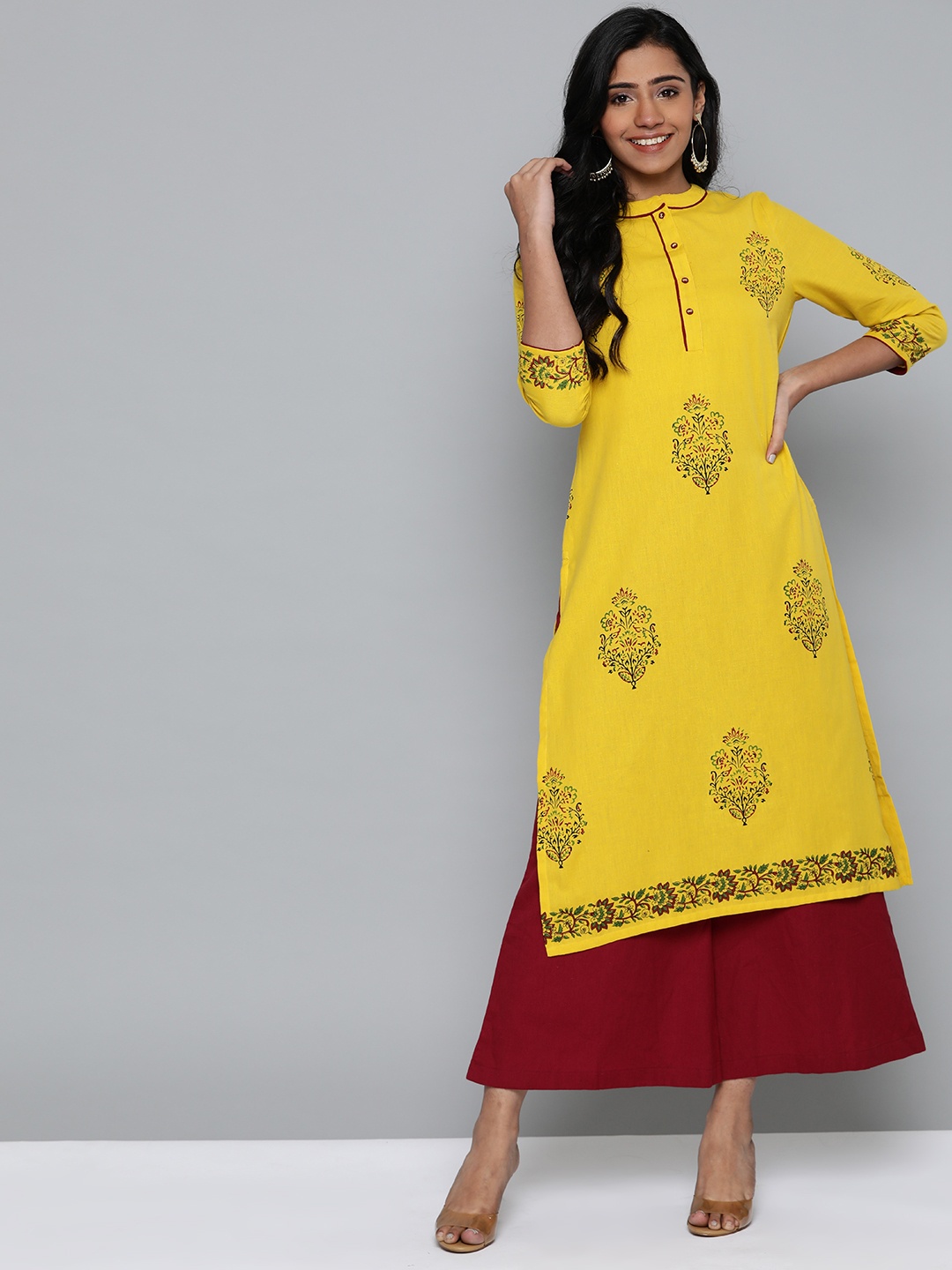 

HERE&NOW Women Yellow & Maroon Printed Straight Kurta