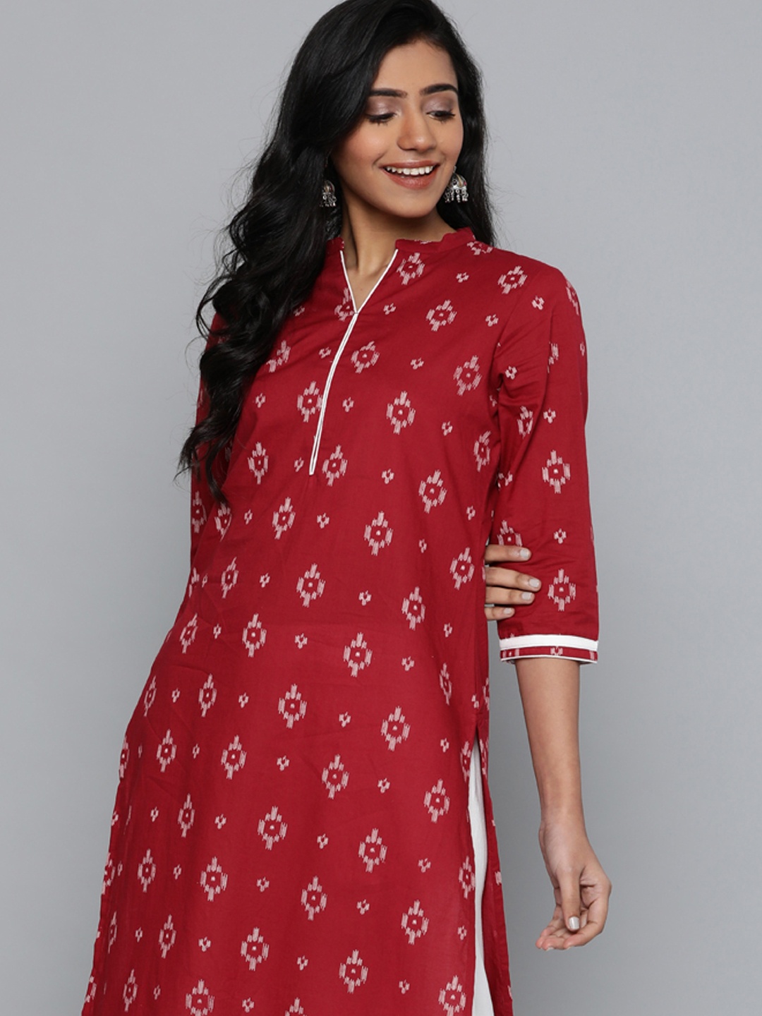 

HERE&NOW Women Maroon & White Printed Straight Kurta