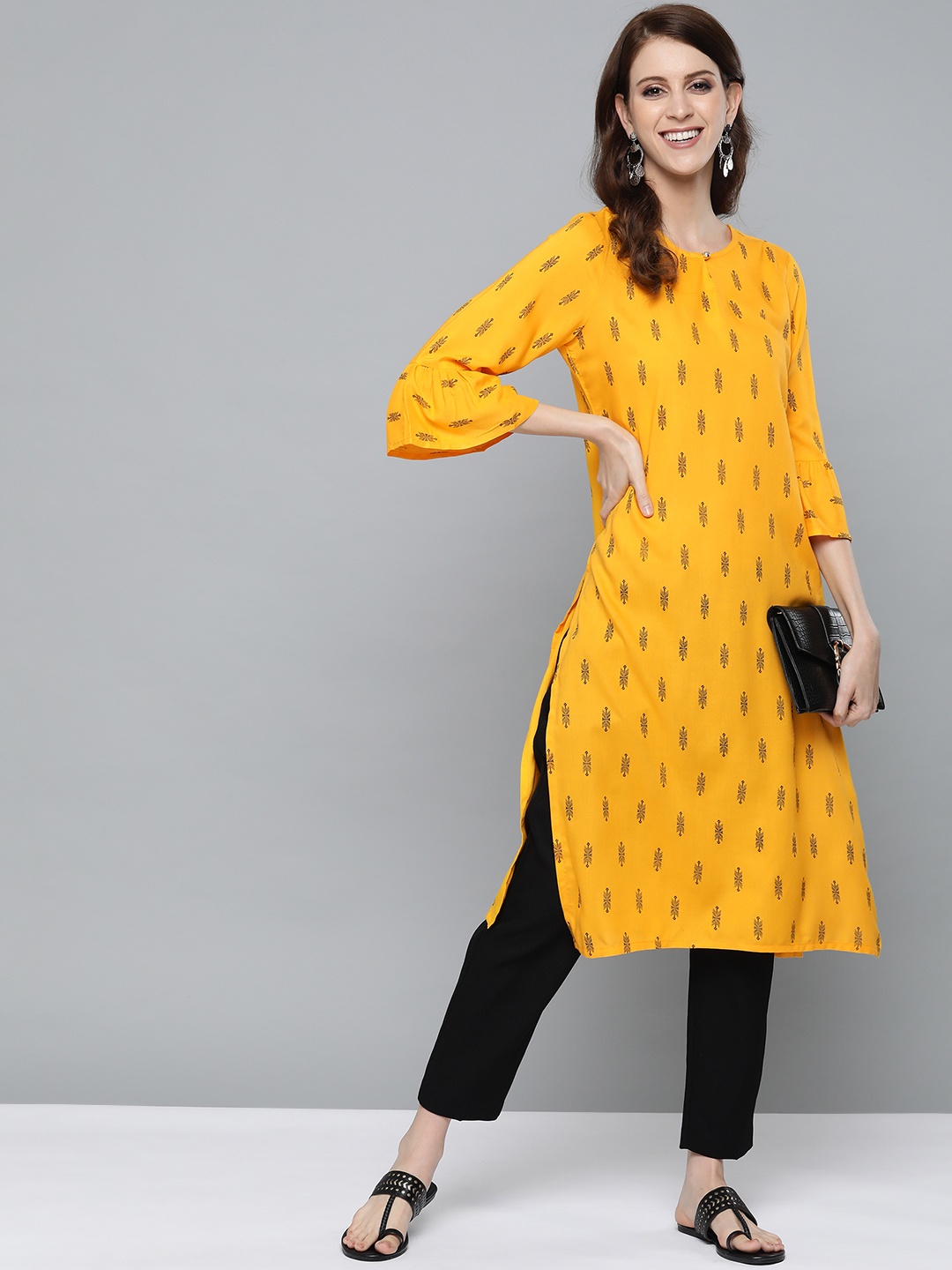 

HERE&NOW Women Mustard & Black Printed Straight Kurta