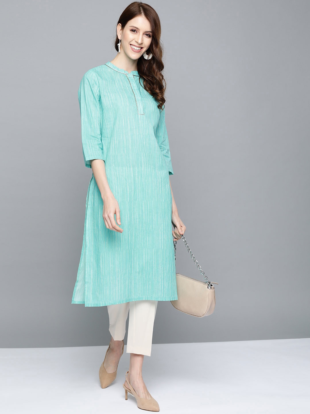 

HERE&NOW Women Blue & White Striped Straight Kurta
