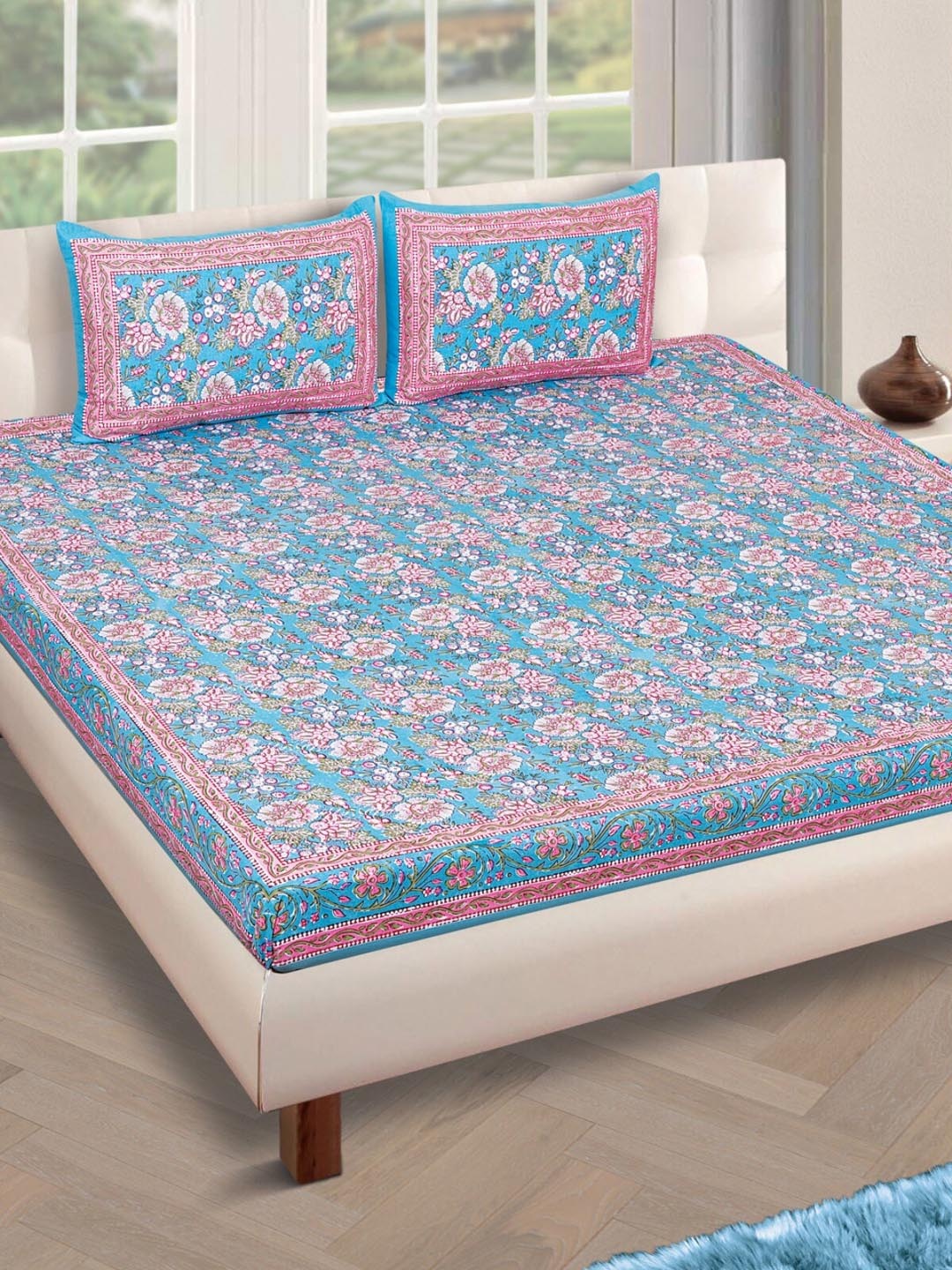 

ROMEE Blue & Pink Floral 180 TC Cotton 1 King Bedsheet with 2 Pillow Covers