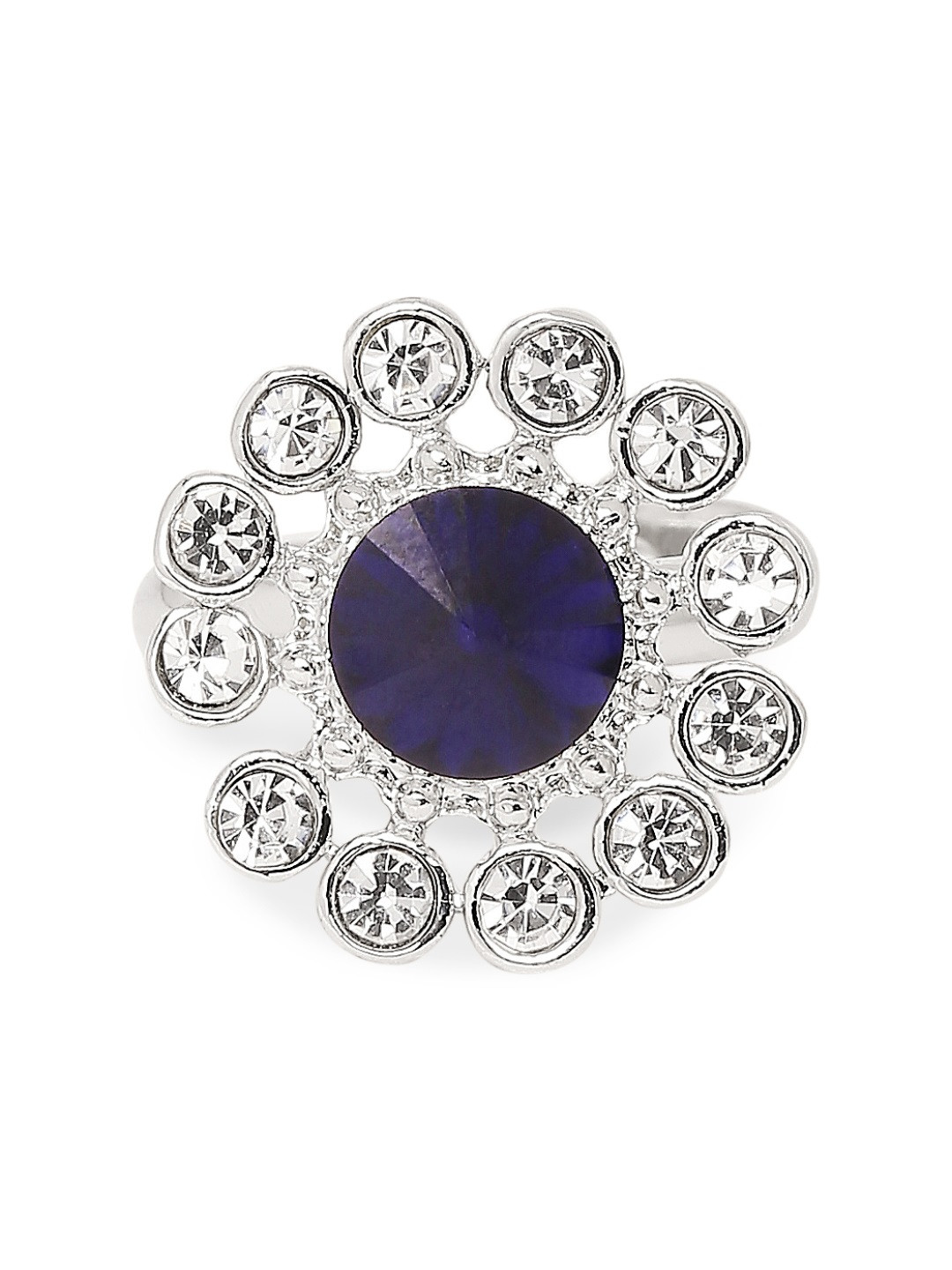 

Mahi Silver-Toned & Blue Crystal-Studded Floral Inspired Finger Ring