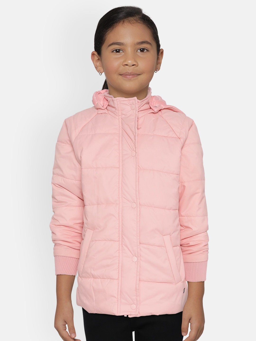 

Gini and Jony Girls Peach-Coloured Solid Hooded Padded Jacket