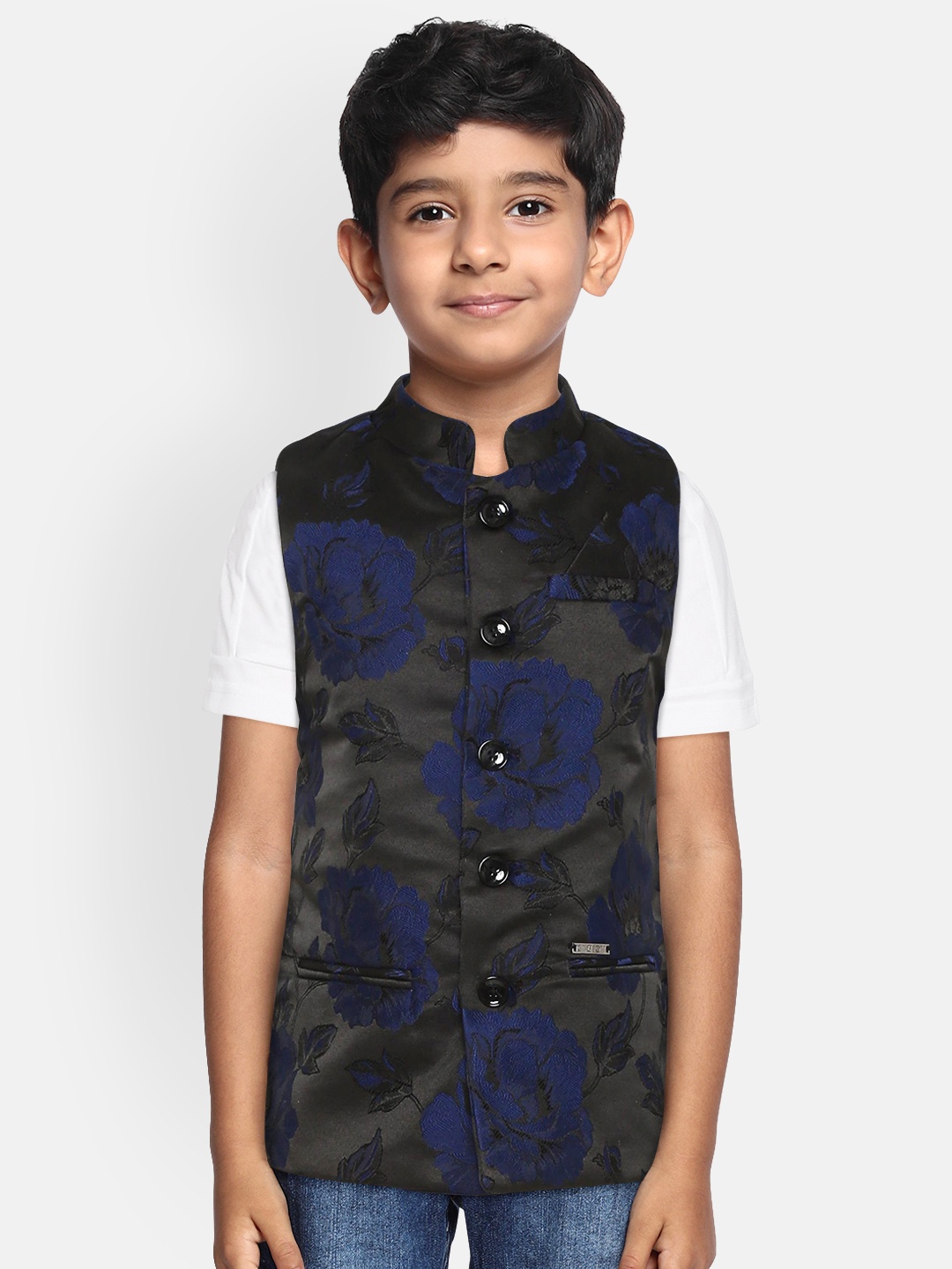 

Gini and Jony Boys Black & Navy Blue Floral Woven Design Nehru Jacket