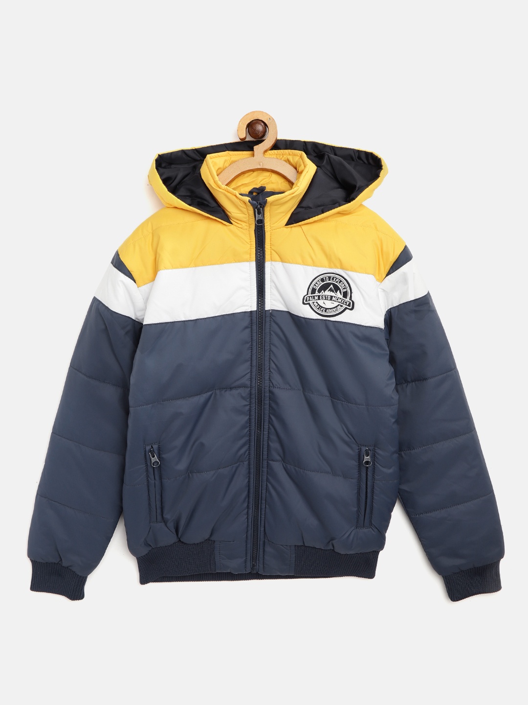 

Palm Tree Boys Navy Blue & Yellow Colourblocked Hooded Bomber Jacket