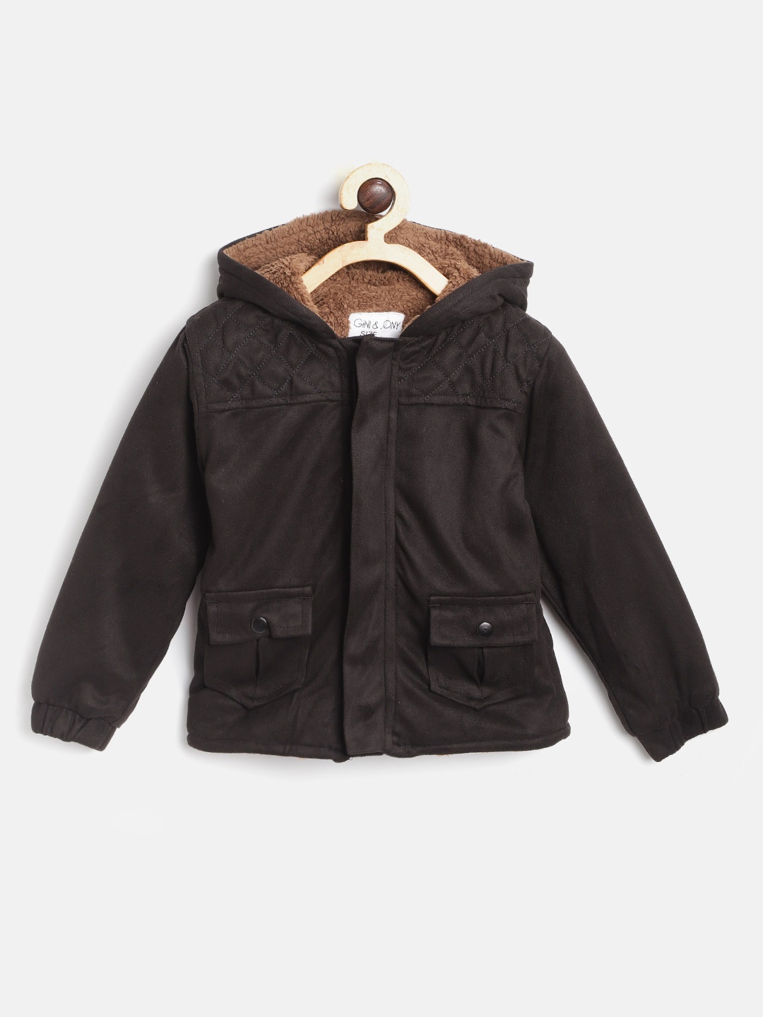 

Gini and Jony Boys Black Solid Suede Finish Hooded Tailored Jacket