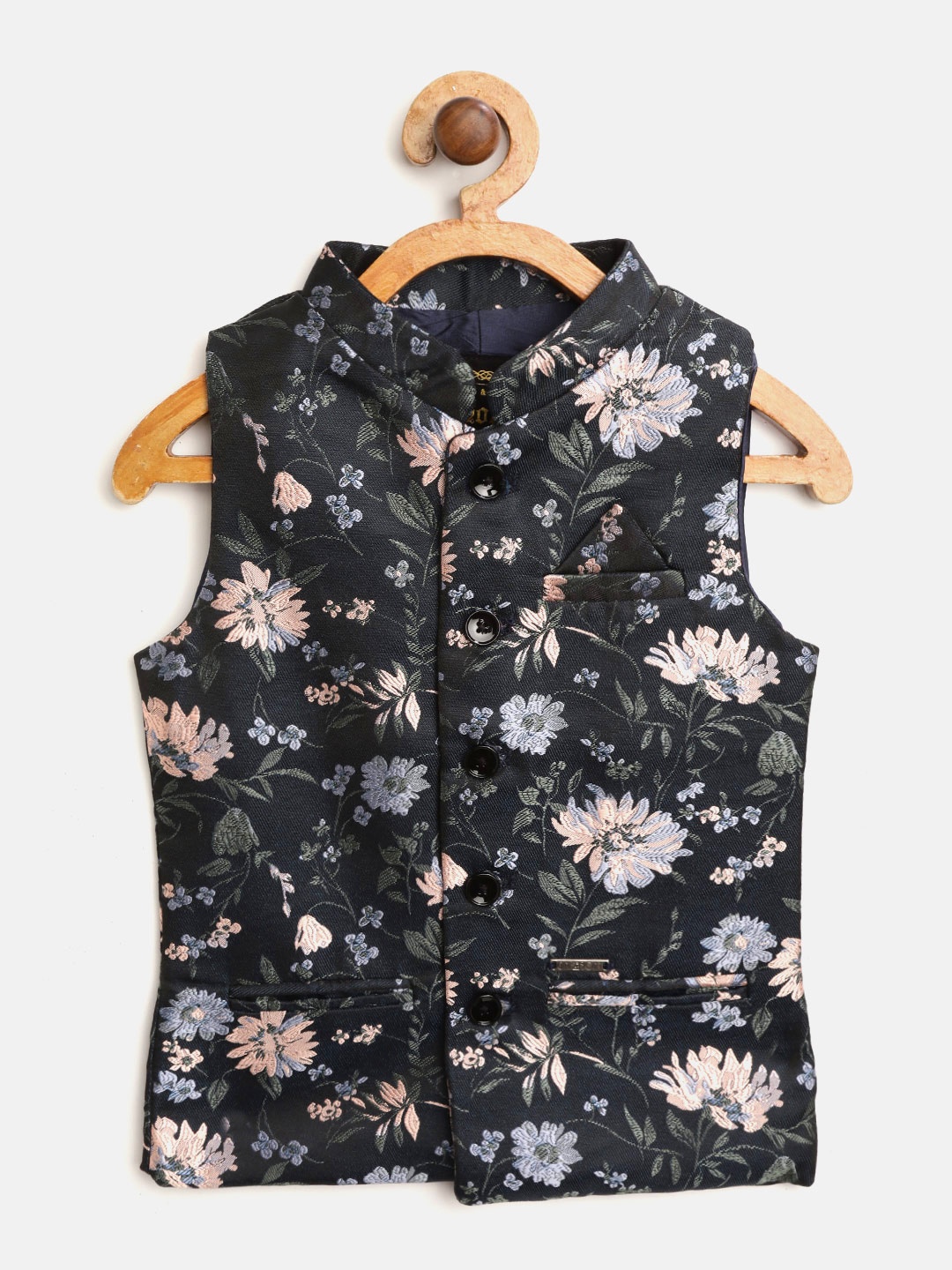 

Gini and Jony Boys Black & Green Floral Woven Design Satin Weave Nehru Jacket