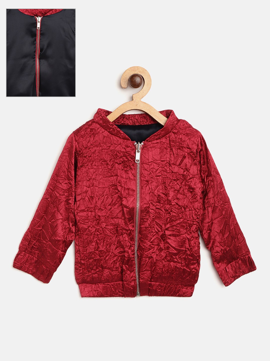 

Gini and Jony Girls Red Solid Satin Finish Reversible Bomber Jacket