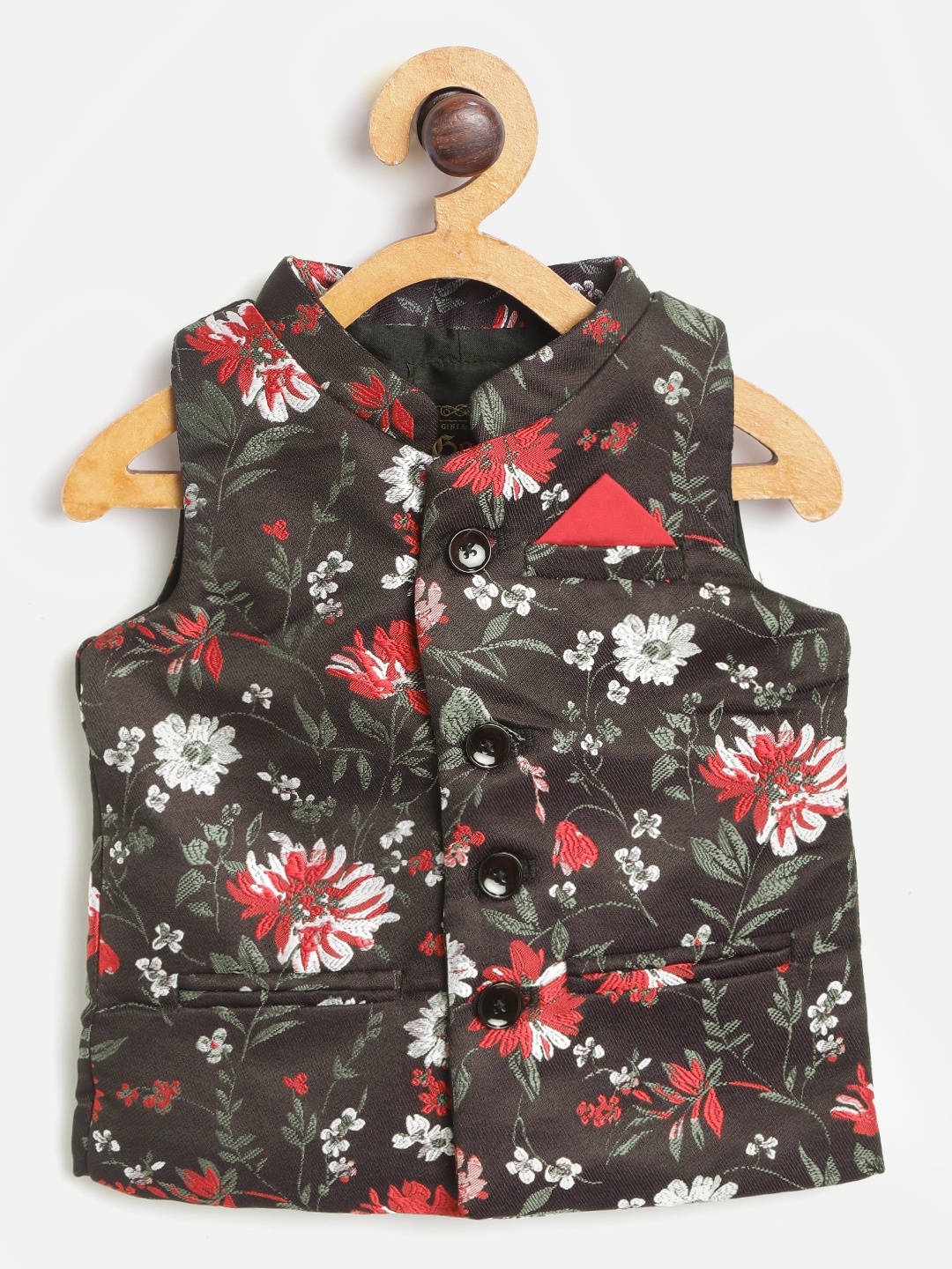 

Gini and Jony Boys Coffee Brown & Red Floral Woven Design Nehru Jacket