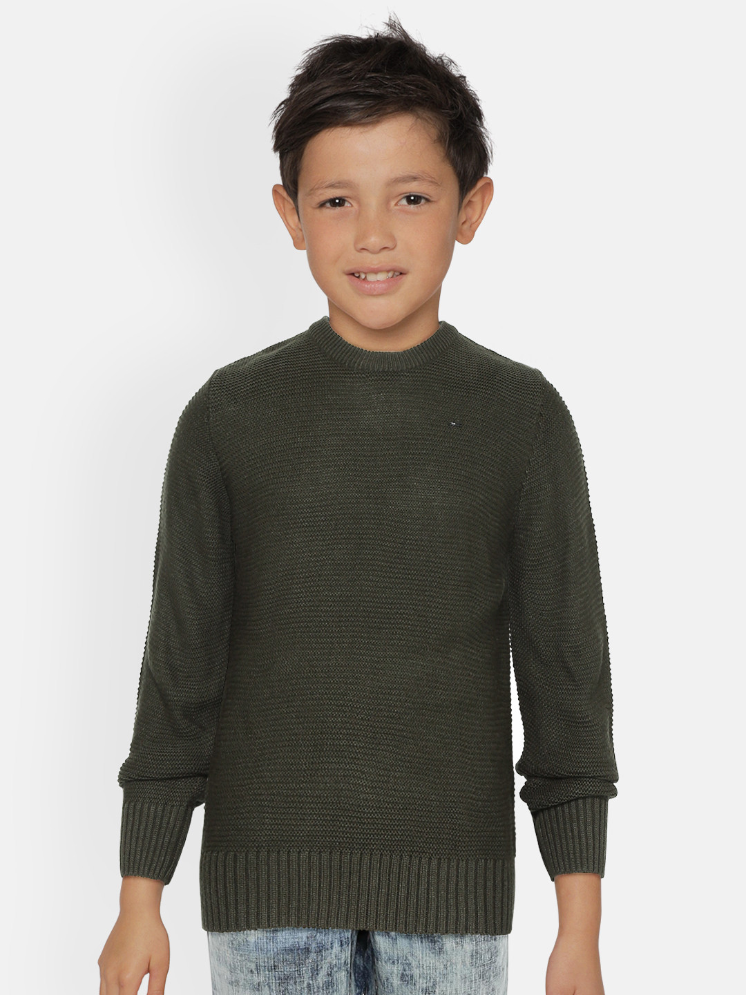 

Gini and Jony Boys Olive Green Solid Acrylic Sweater