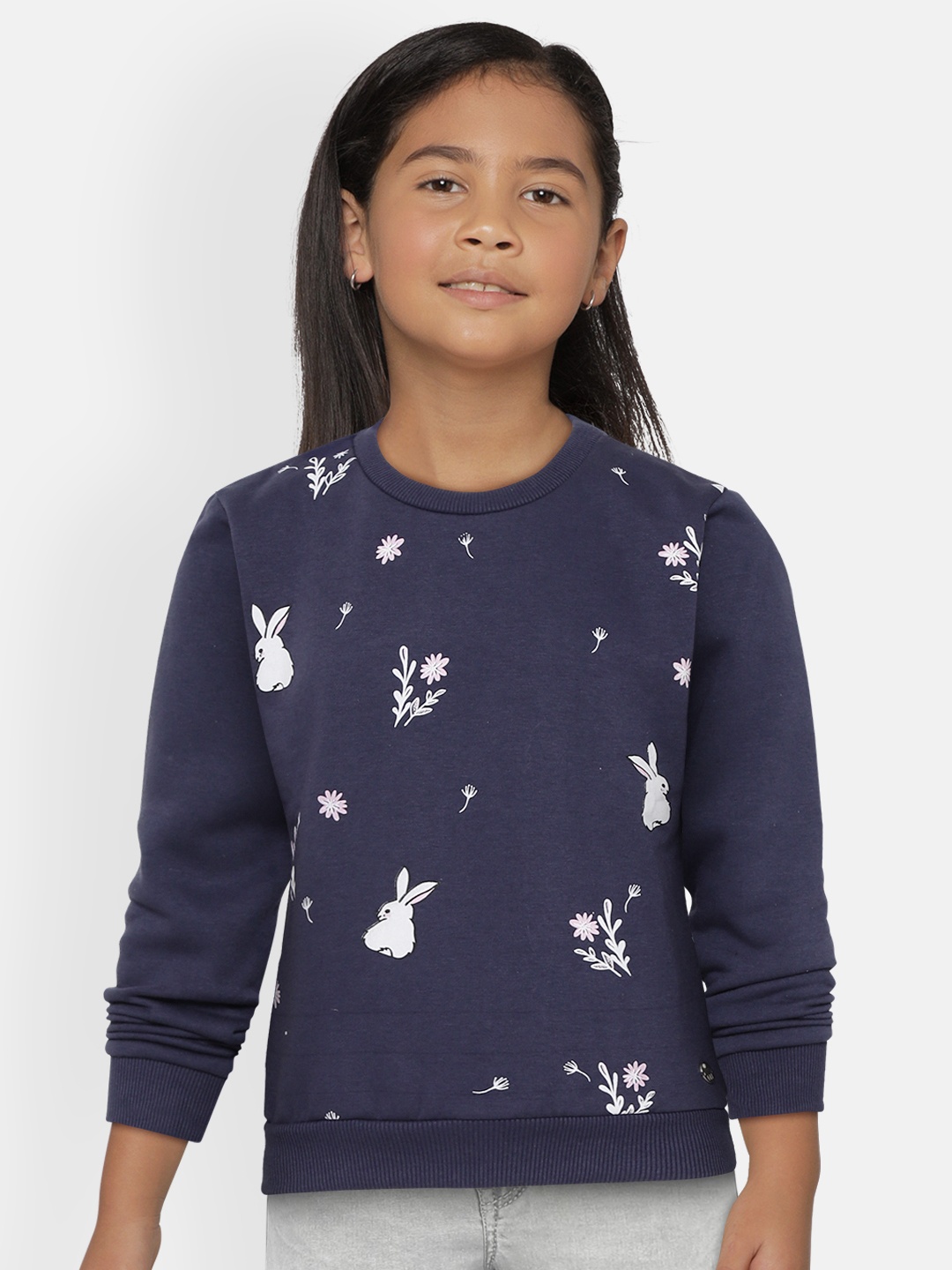 

Gini and Jony Girls Navy Blue & White Bunny Print Sweatshirt with Fuzzy Detail