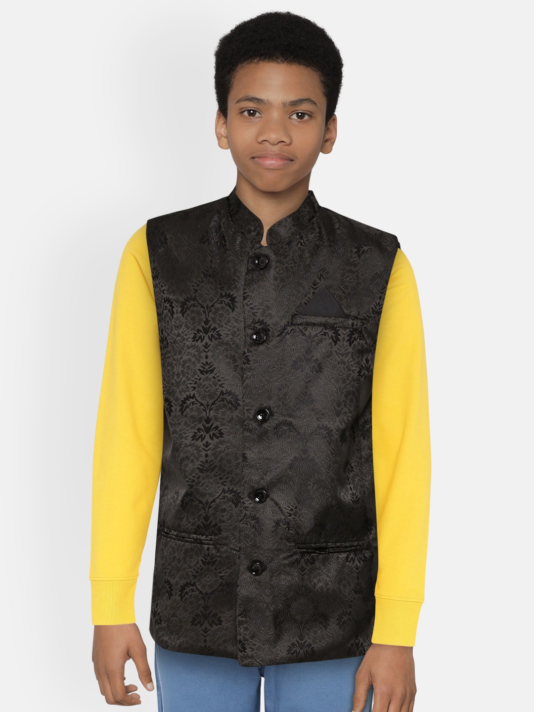 

Gini And Jony Boys Black Woven Design Nehru Jacket