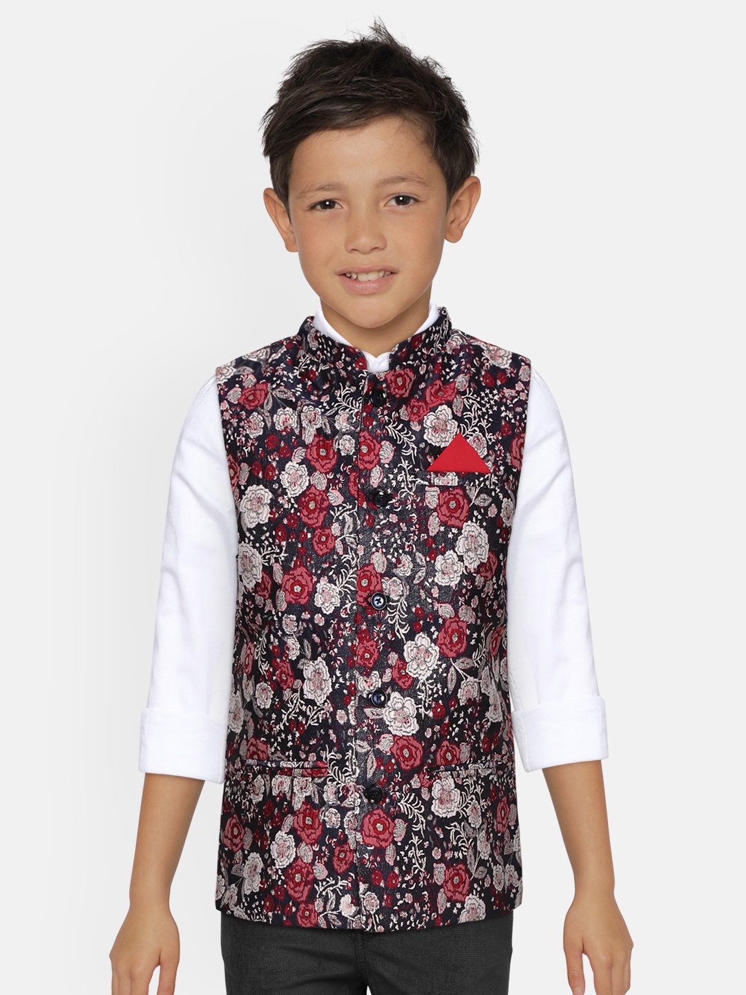 

Gini and Jony Boys Navy Blue & Red Floral Woven Design Nehru Jacket