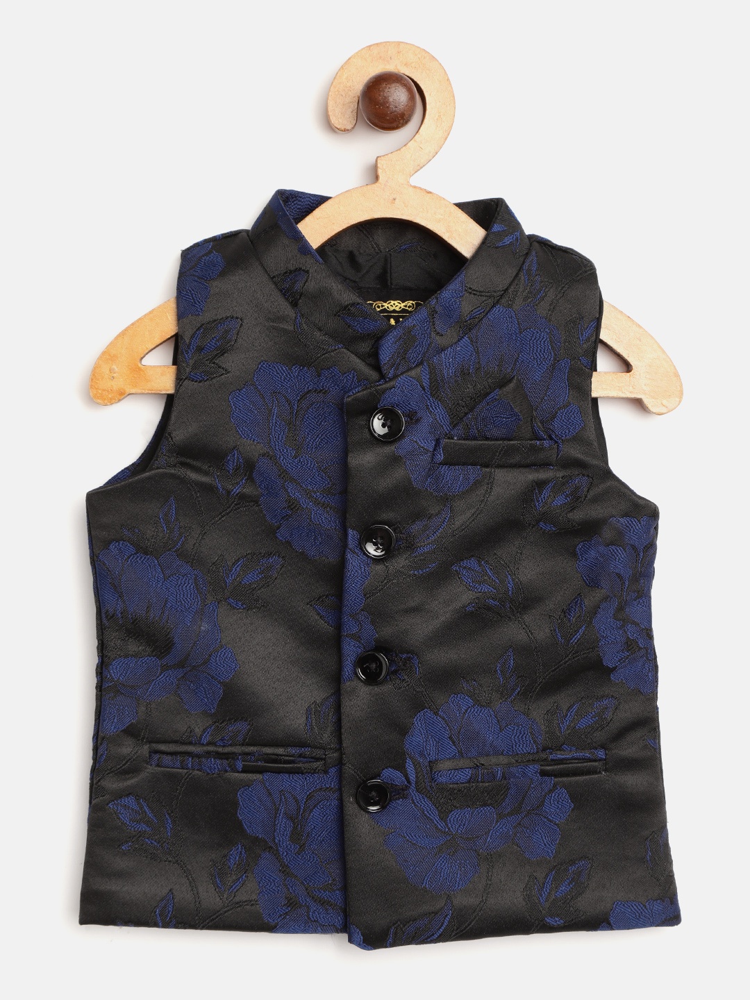 

Gini and Jony Boys Black & Navy Blue Floral Woven Design Nehru Jacket