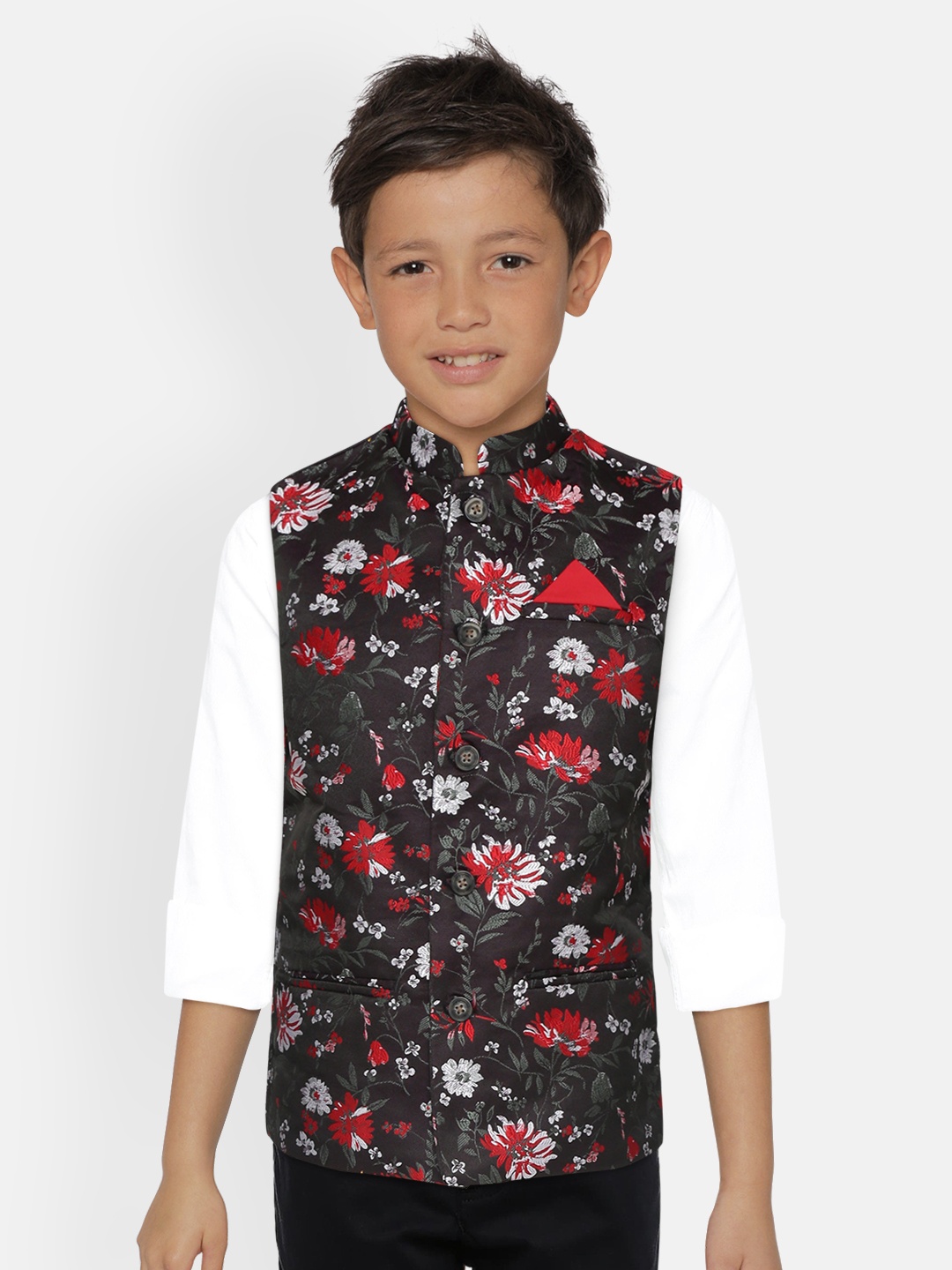

Gini and Jony Boys Coffee Brown & Red Floral Print Nehru Jacket