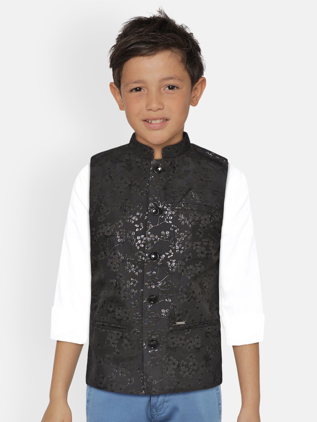 

Gini and Jony Boys Black Floral Woven Design Nehru Jacket