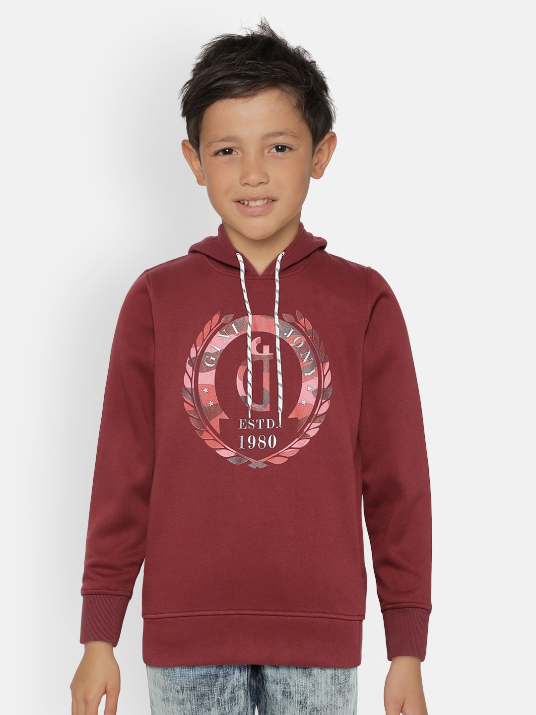 

Gini and Jony Boys Maroon Brand Logo Print Hooded Sweatshirt