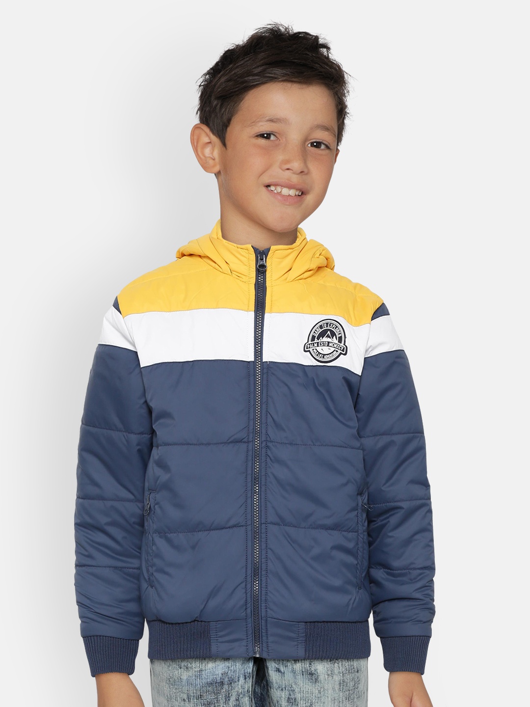 

Palm Tree Boys Navy Blue & Yellow Colourblocked Hooded Bomber Jacket