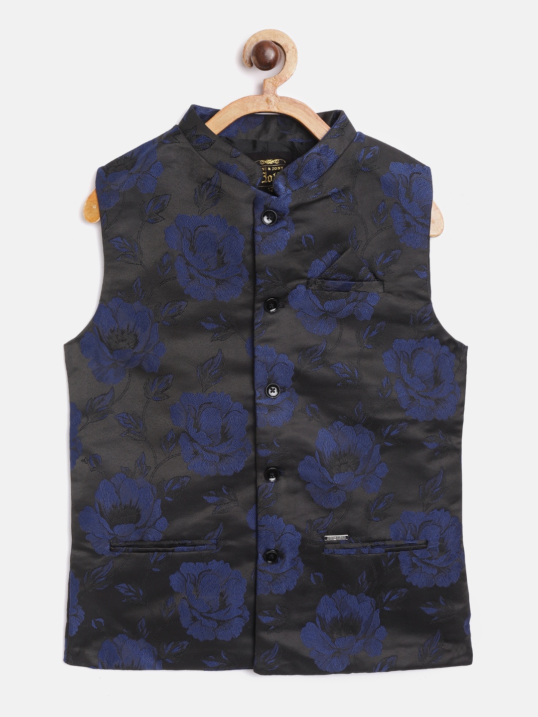 

Gini and Jony Boys Black & Navy Blue Floral Patterned Regular Fit Nehru Jacket