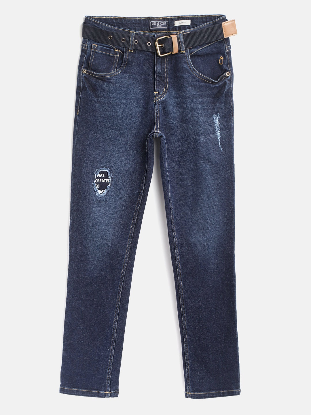 

Gini and Jony Boys Navy Blue Slim Fit Mid-Rise Low Distress Jeans With Belt