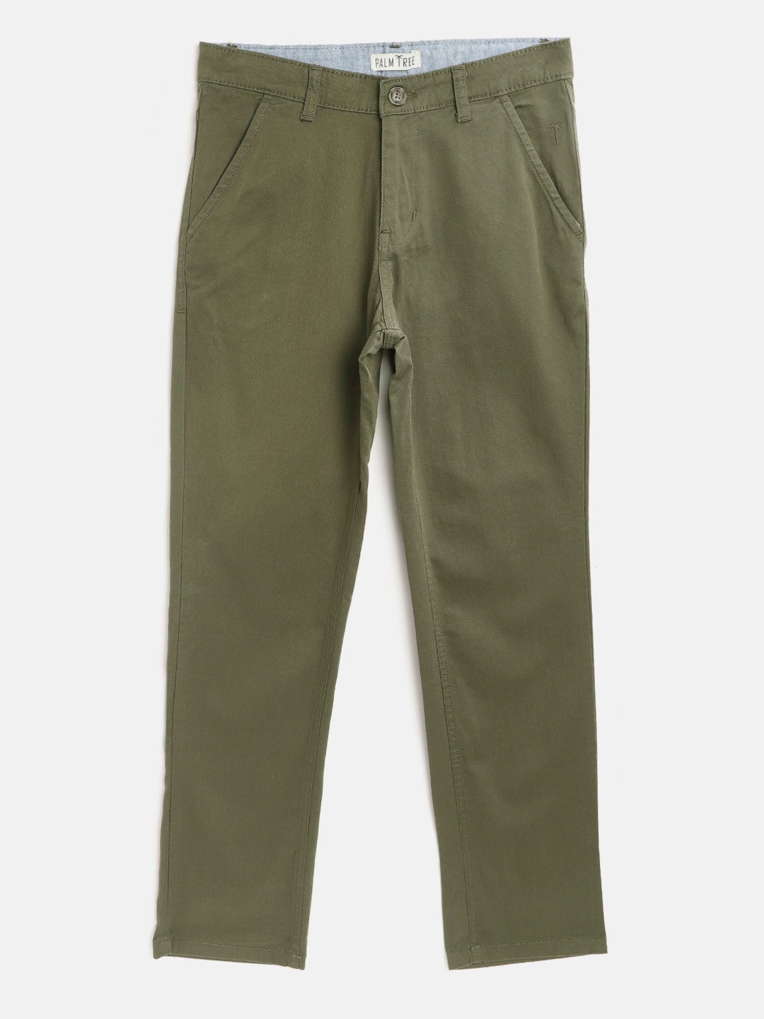 

Palm Tree Boys Olive Green Slim Fit Solid Cotton Chinos