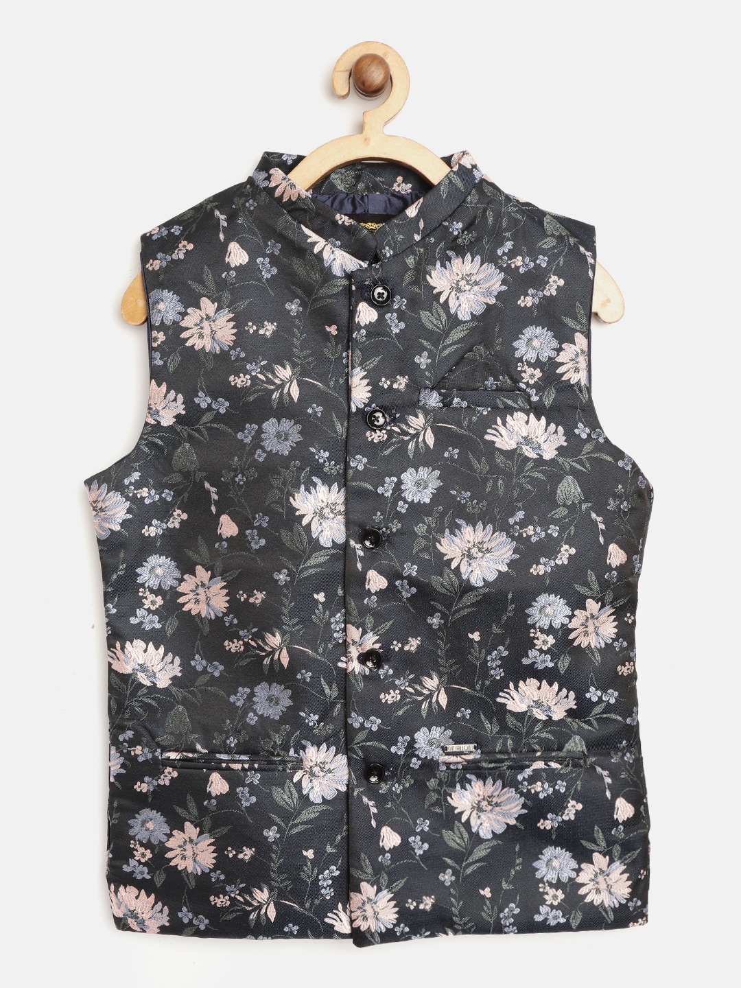 

Gini And Jony Boys Navy Blue & Peach-Coloured Floral Woven Design Nehru Jacket