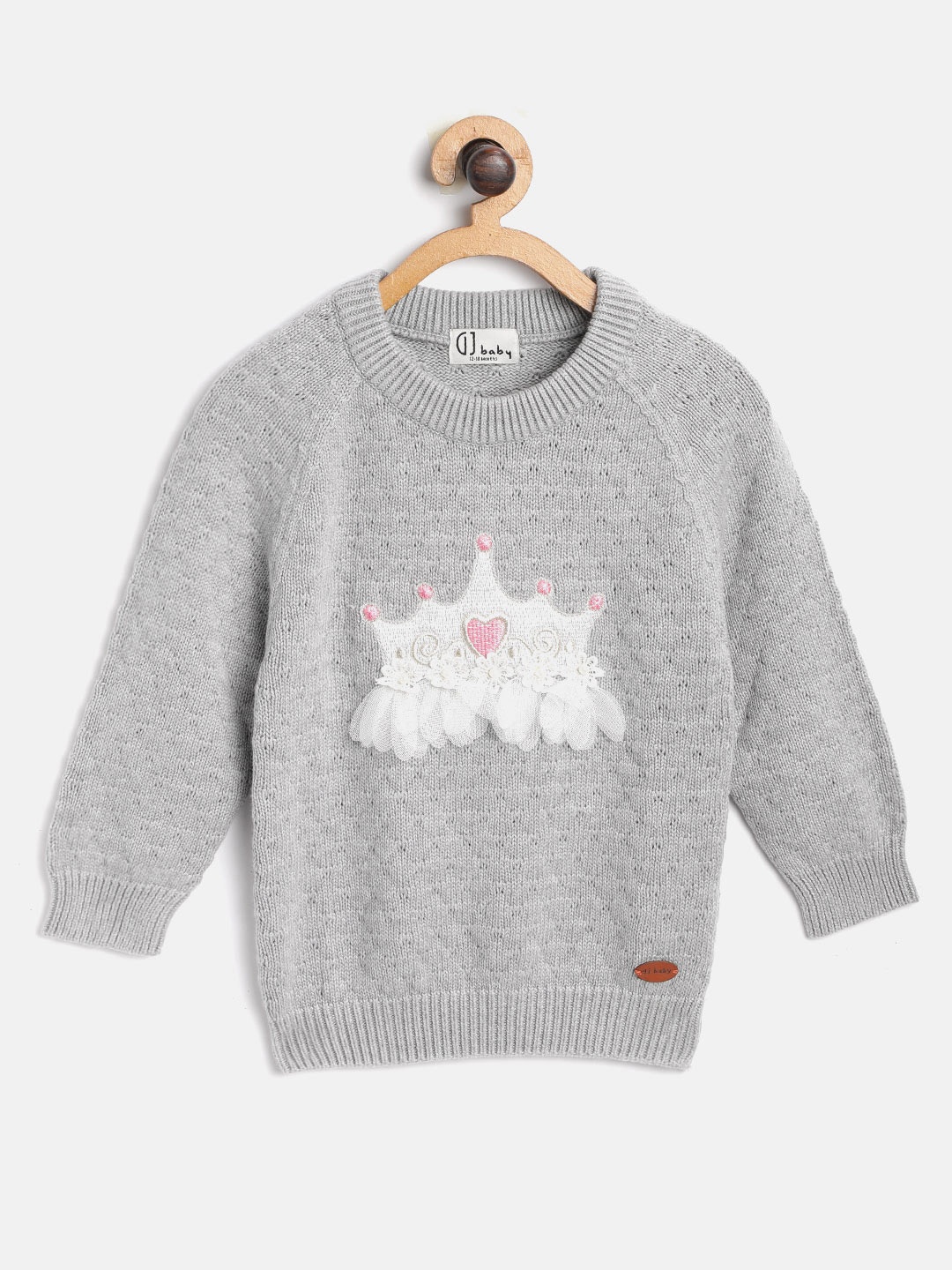 

Gini and Jony Girls Grey & White Self Design Pullover with Crown Applique