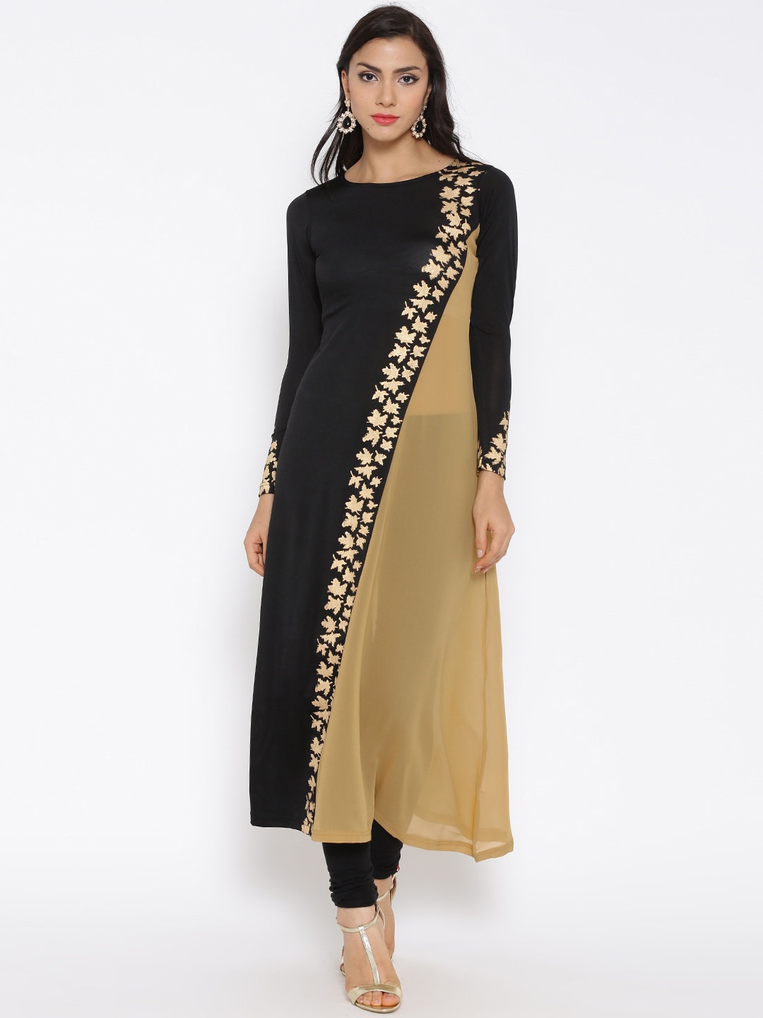 

Ira Soleil Black & Beige Printed Sheer A-Line Kurta