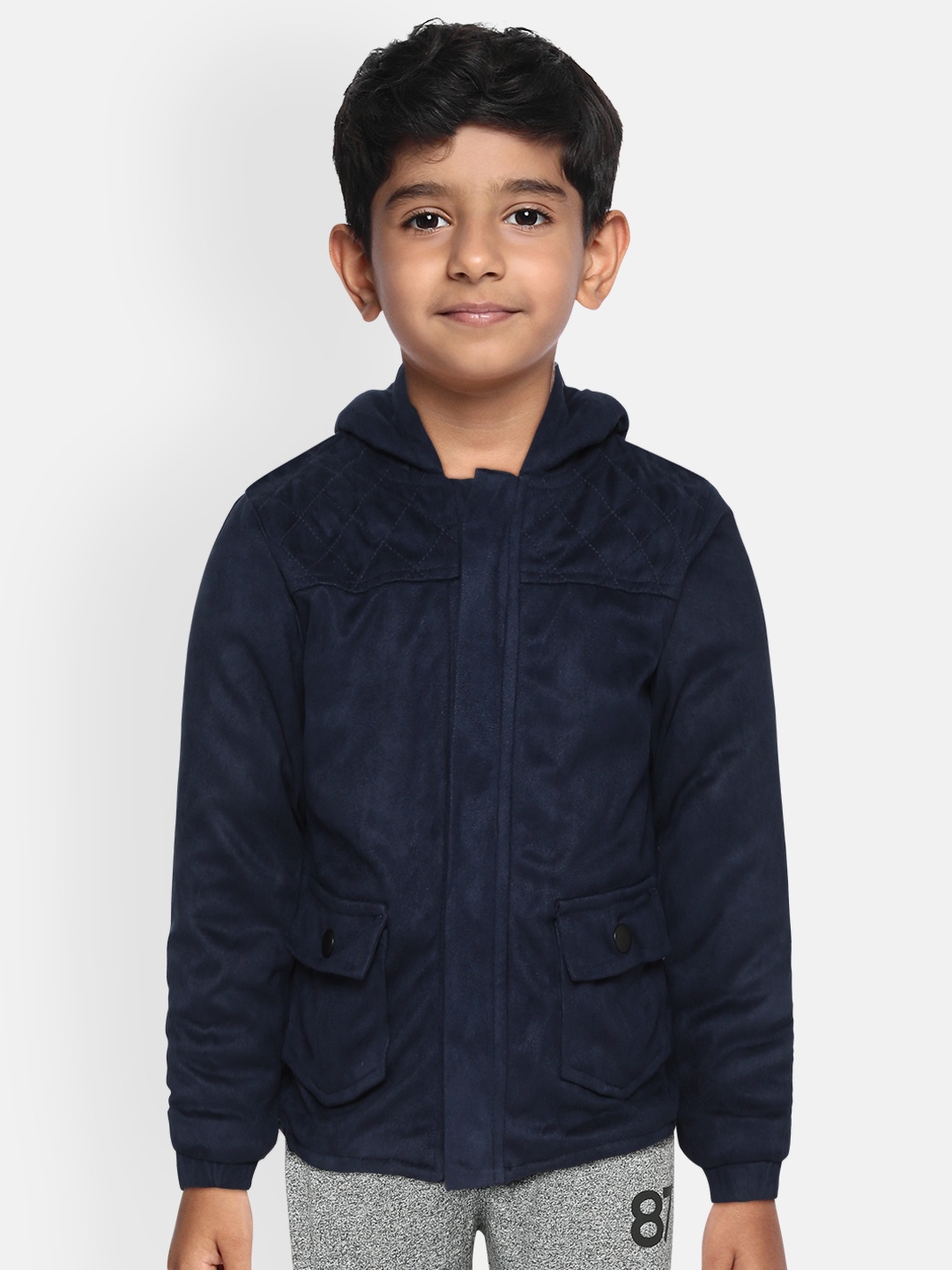 

Gini and Jony Boys Navy Blue Solid Suede Finish Hooded Jacket