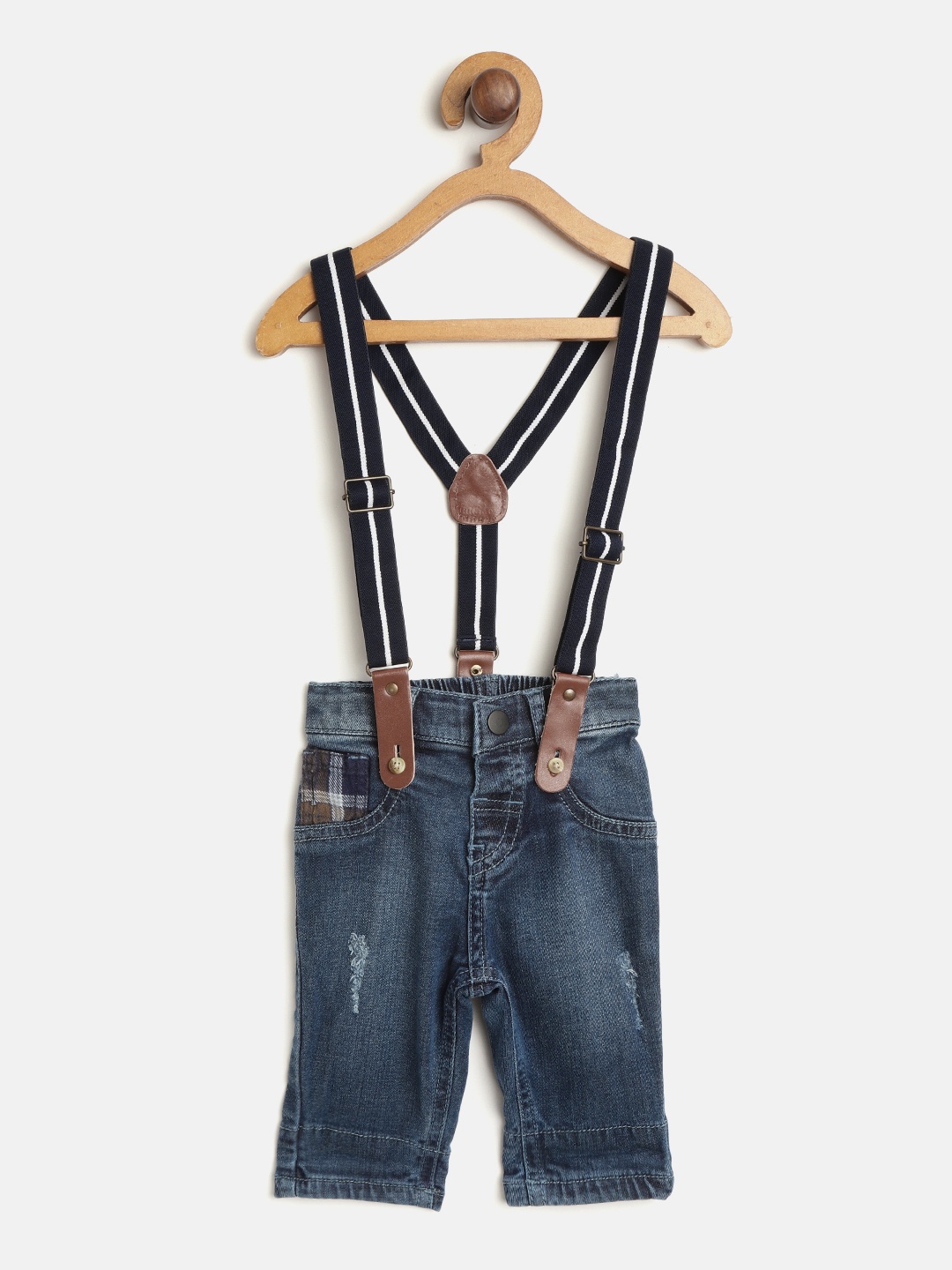 

Gini and Jony Boys Navy Regular Fit Mid-Rise Low Distress Stretchable Jeans & Suspenders, Navy blue