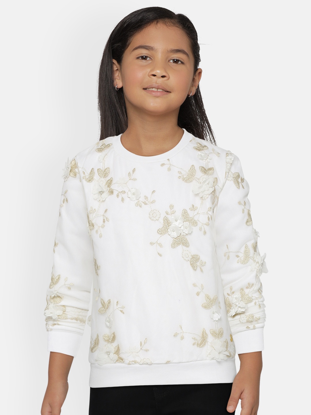

Gini and Jony Girls White & Golden Floral Embroidered Net Sweatshirt