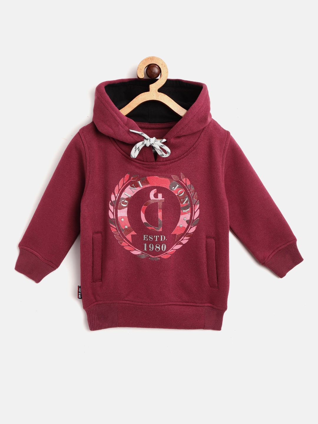 

Gini and Jony Boys Maroon Brand Logo Printed Hooded Sweatshirt
